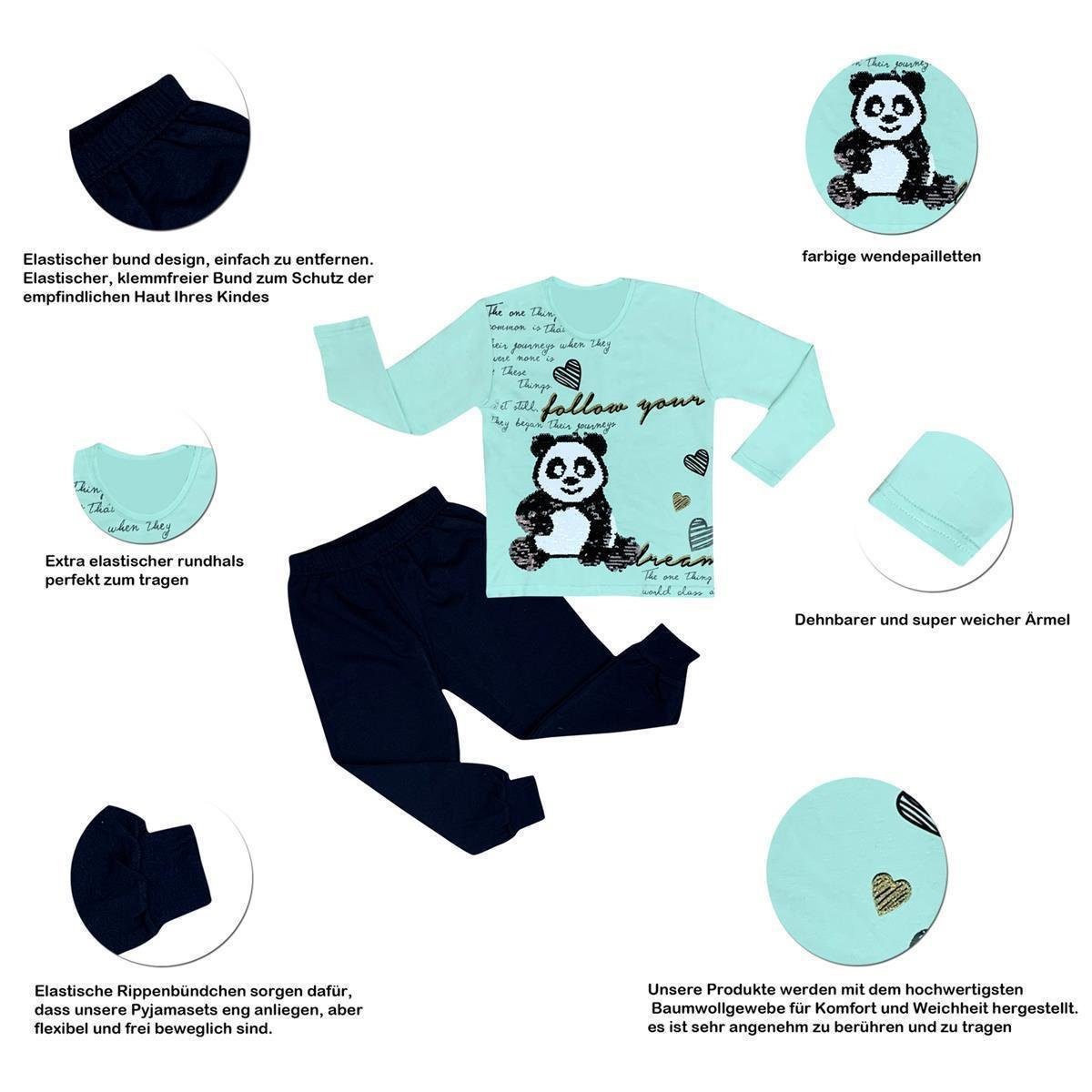 LOREZA Pyjama Mädchen Pyjama Set langarm Panda Schlafanzug Hausanzug Baumwolle (Set, 2 tlg)