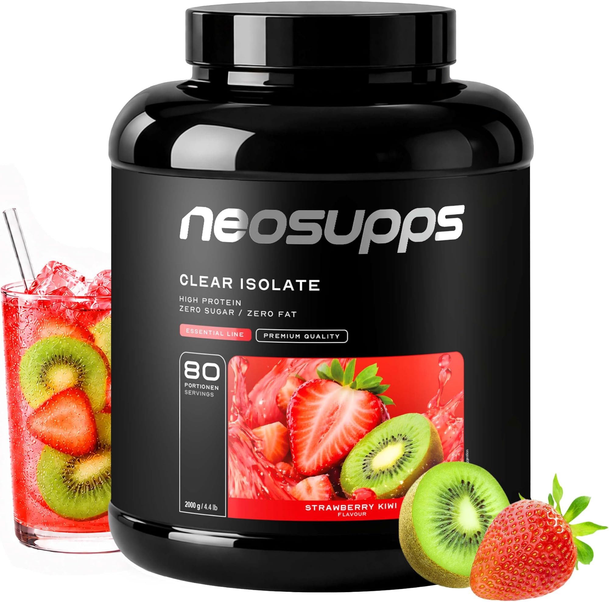 Neosupps Clear Whey Isolat Protein Pulver 2000g, Strawberry-Kiwi Geschmack Pulver, 2000 g, Made in Germany, Hochwertiger Molkenprotein Isolat
