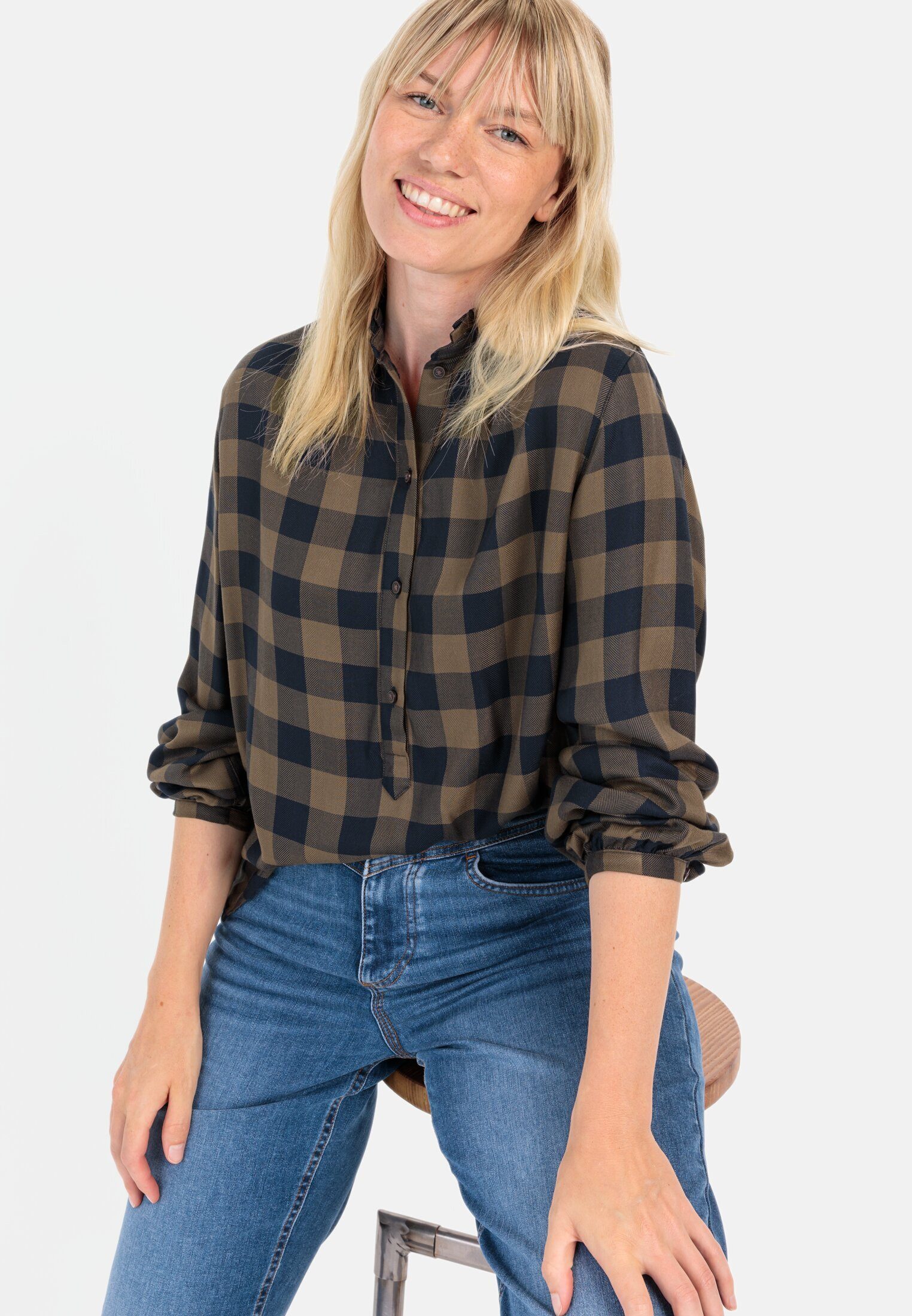 camel active Hemdbluse Karobluse aus Viskose Langarm Stehkragen kariert