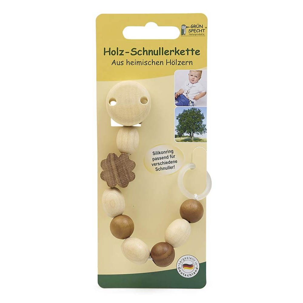 GRÜNSPECHT Schnullerbefestigung Holz-Schnullerkette mit Silikonring - Kleeblatt