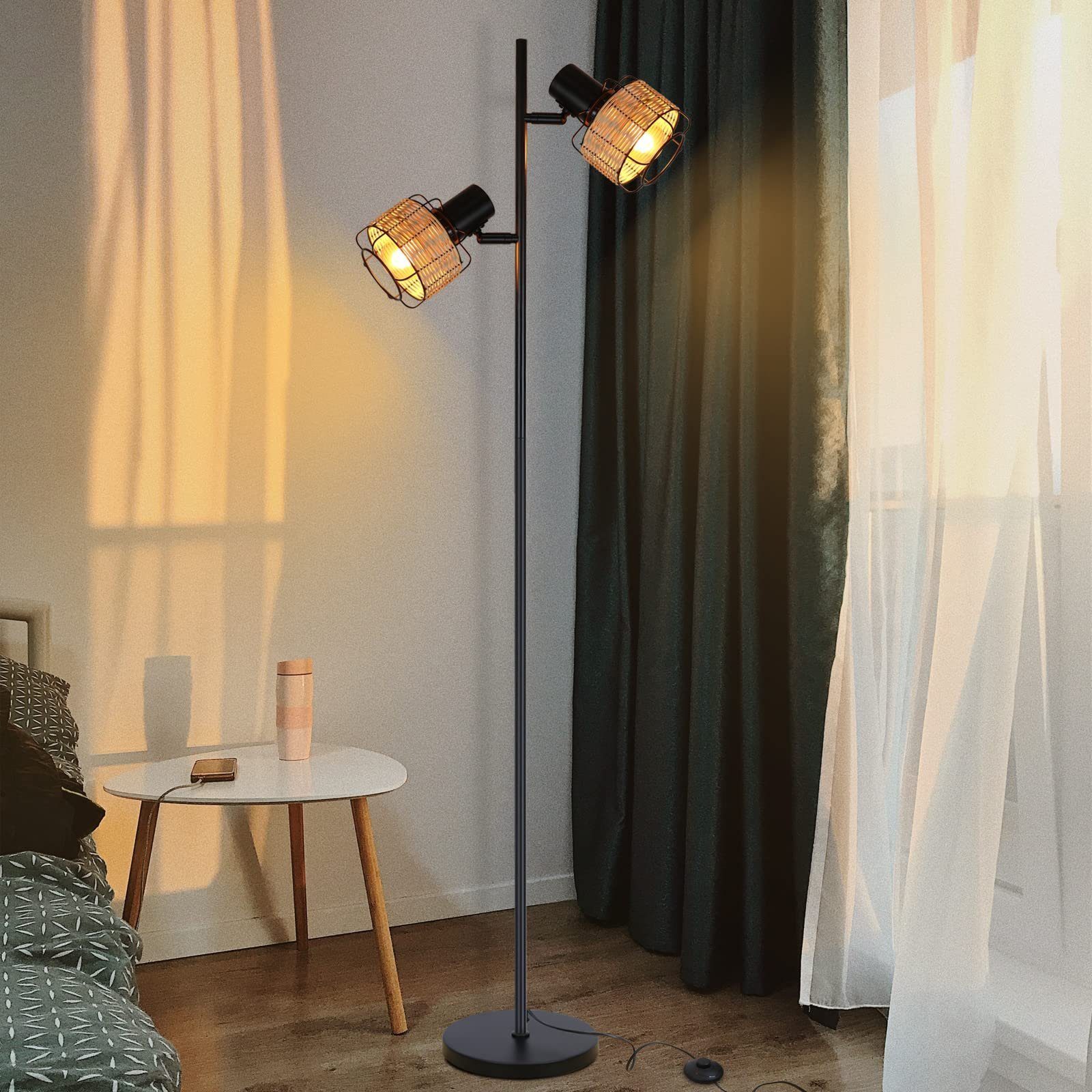 ZMH Stehlampe Boho Vintage Schwarz mit Drehabr Lampenschirm aus Rattan und  Metall, ohne Leuchtmittel, Quadratischer Rattan Lampenschirm