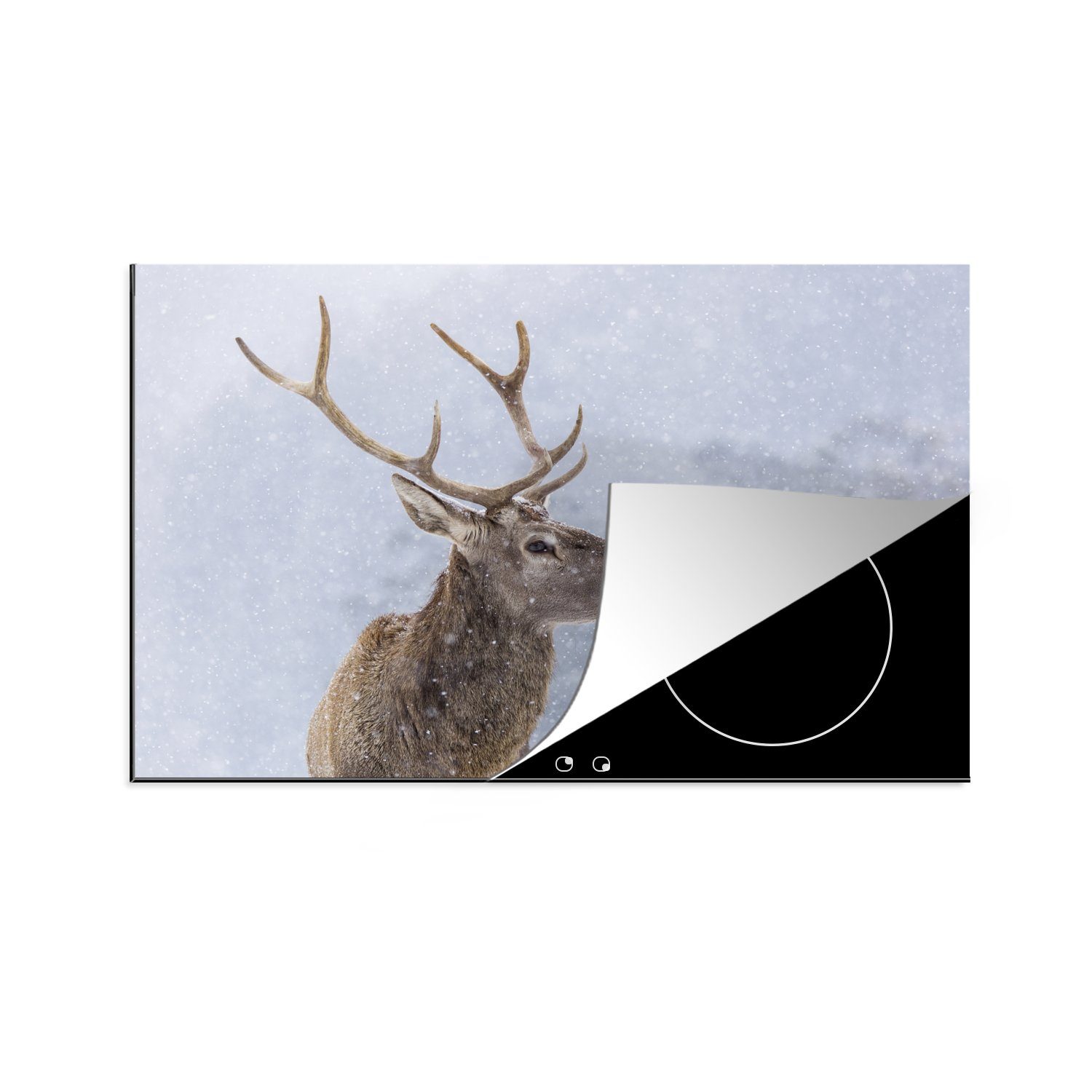 MuchoWow Herdblende-/Abdeckplatte Schnee - Hirsche - Winter, Vinyl, (1 tlg), 81x52 cm, Induktionskochfeld Schutz für die küche, Ceranfeldabdeckung