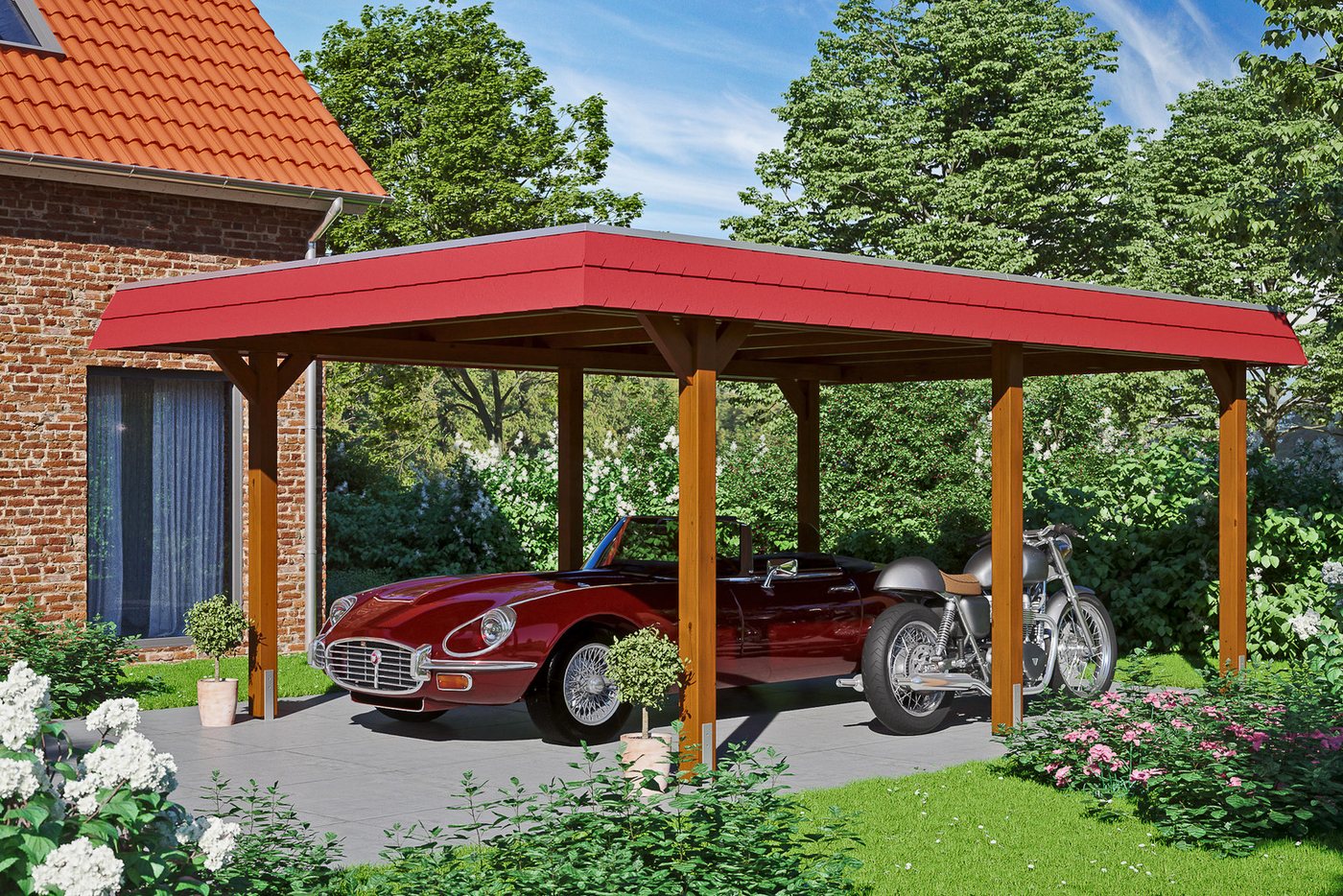 Thumbnail - Skanholz Einzelcarport Wendland, BxT: 409x628 cm, 210 cm Einfahrtshöhe, mit EPDM-Dach, rote Blende