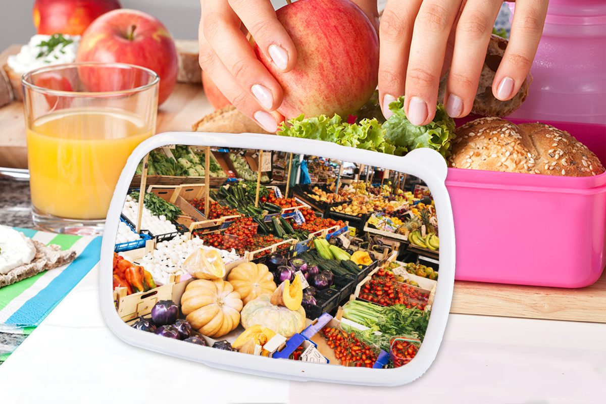 MuchoWow Obst rosa - Brotbox Kunststoff - Kinder, (2-tlg), Markt, Obstkiste Mädchen, für Snackbox, Erwachsene, Kunststoff, Brotdose Lunchbox