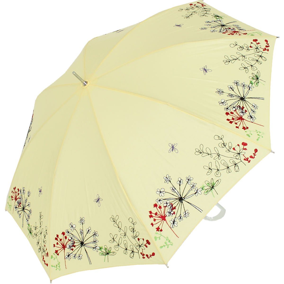 gelb bestickt, aus Rand der der und mit Langregenschirm Kunststoff besteht wunderschön Wiesenblumen Sonnen Butterfly, Griff ist Schutz Lady UV transparentem Regenschirm doppler® -