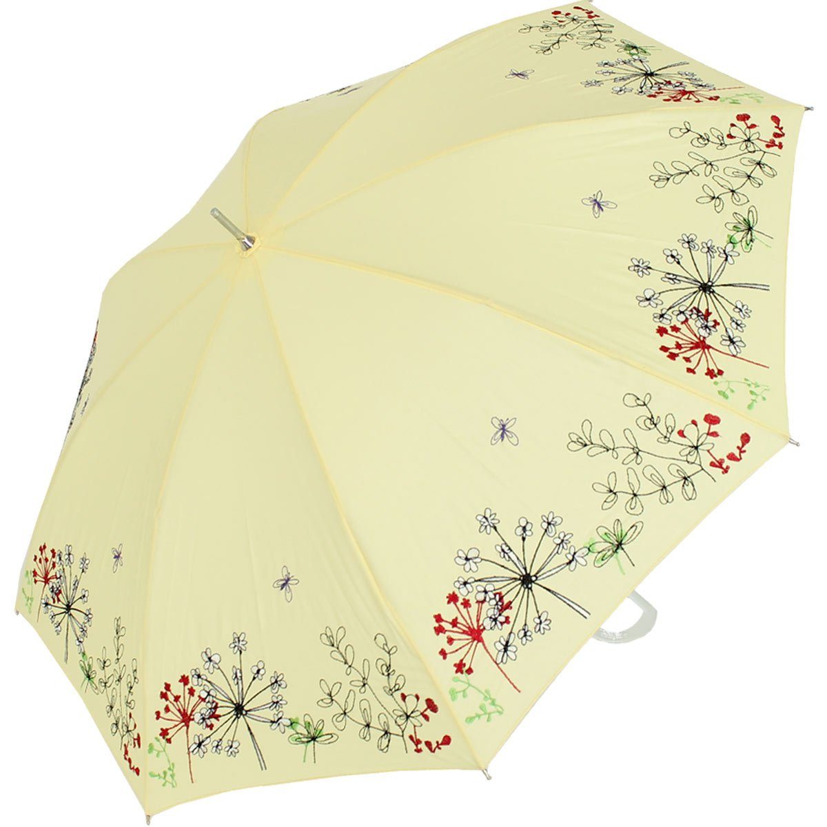 doppler® Langregenschirm Sonnen und Regenschirm UV Schutz - Lady Butterfly,  der Rand ist wunderschön mit Wiesenblumen bestickt, der Griff besteht aus  transparentem Kunststoff