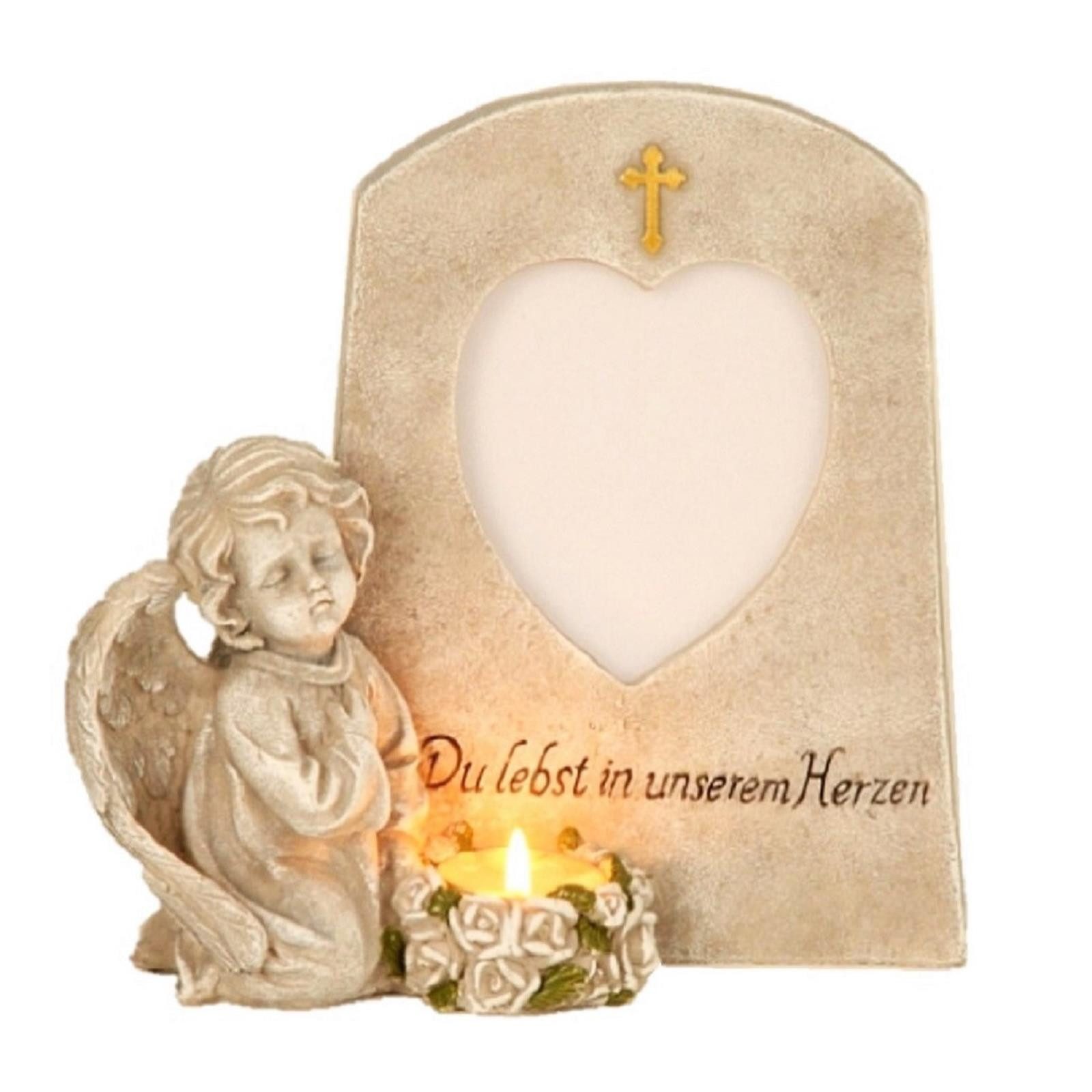 Geschenkestadl Engelfigur Grabschmuck Engel mit Herz Bilderrahmen Teelichthalter Gedenkstein (Spar-Set, 1 St., incl Bilderrahmen in Herzform), Engel Mit Bilderrahmen und Teelichthalter