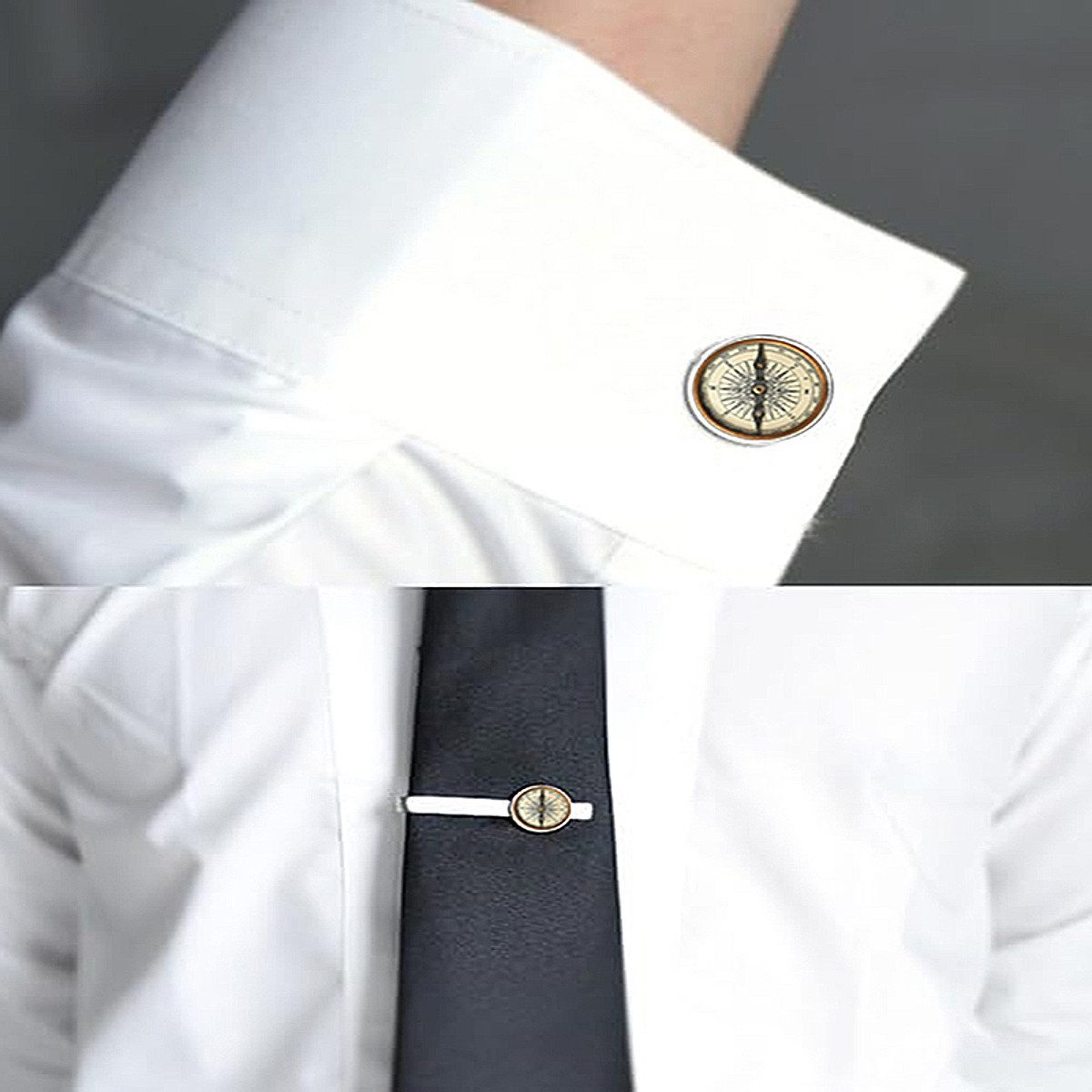 KARMA Manschettenknöpfe Set und Krawattennadel Set Herren Silber Kompass Design (Vintage Look mit runder Kompassoptik, Geschenkidee für Männer), Anzug Zubehör Hochzeit Business