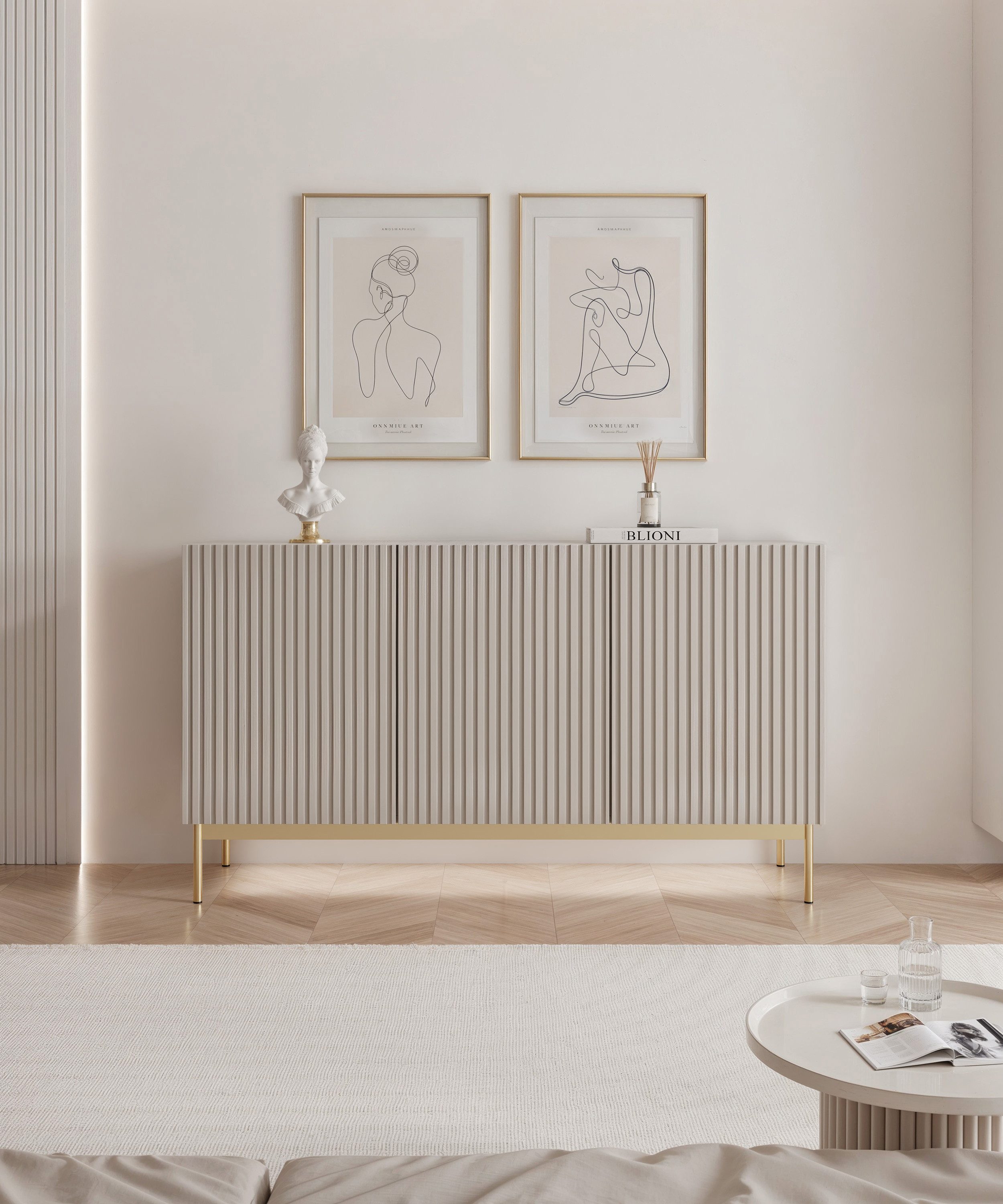 Selsey Sideboard LINEARIS, Sideboard in Kaschmirgrau mit LED & goldenen Füßen