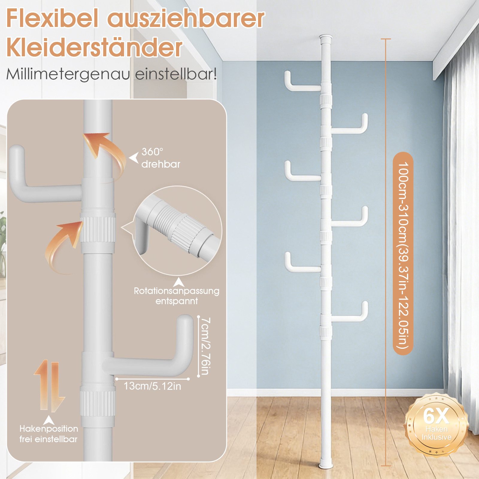 TWSOUL Teleskopregal Garderobenständer ausziehbar 6 Haken 100-310cm Telesko günstig online kaufen