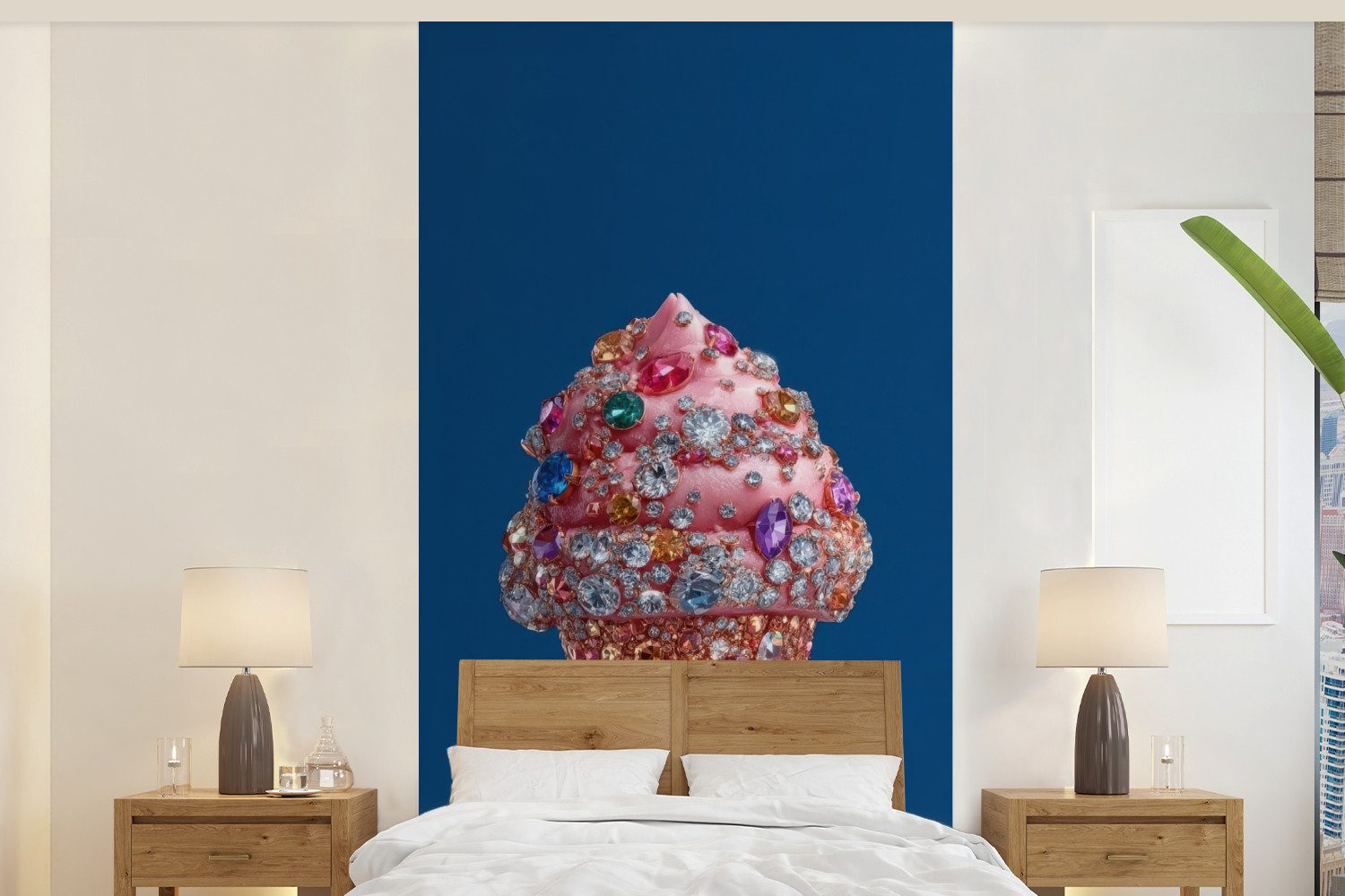 MuchoWow Fototapete Eistüte - Strasssteine - Blau, Matt, bedruckt, Vliestapete für Wohnzimmer Schlafzimmer Küche, Fototapete, 120x240 cm