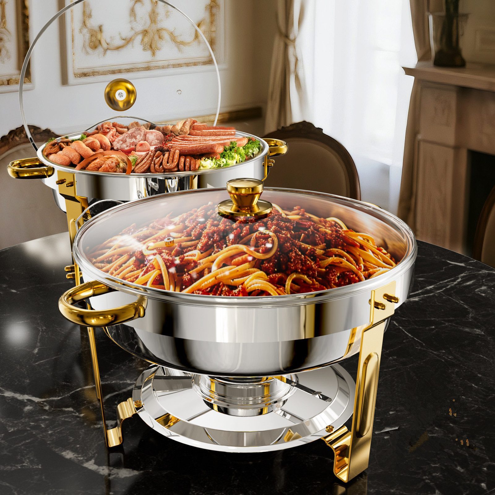 Warmounts Speisenwärmer, (2-tlg., Chafing Dish Speisenwärmer Set), rund, Edelstahl, 4,7L Buffet Warmhalter-Set