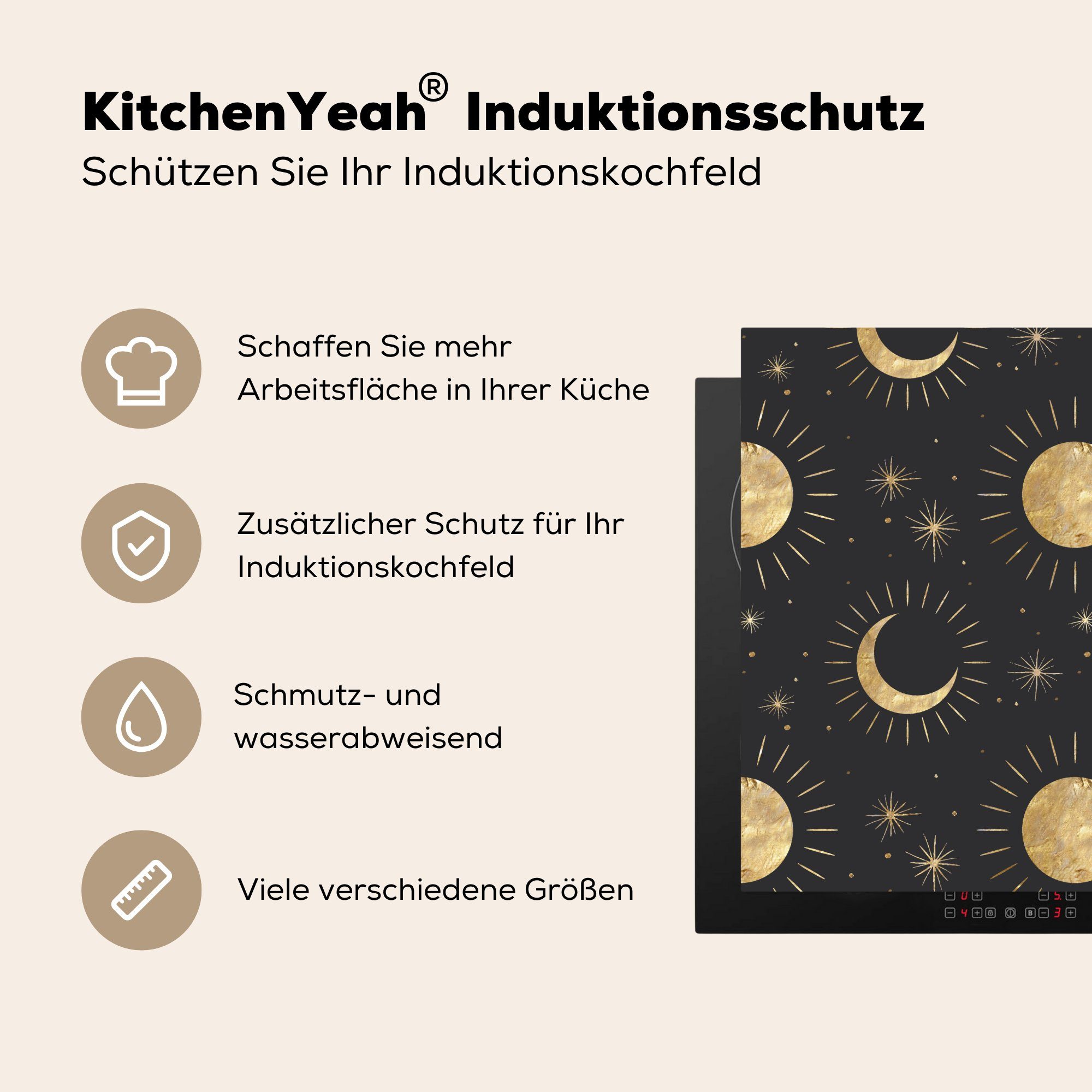 Arbeitsplatte für küche (1 Sonne Vinyl, Herdblende-/Abdeckplatte Mond Muster - cm, MuchoWow 78x78 tlg), Ceranfeldabdeckung, - Gold, -