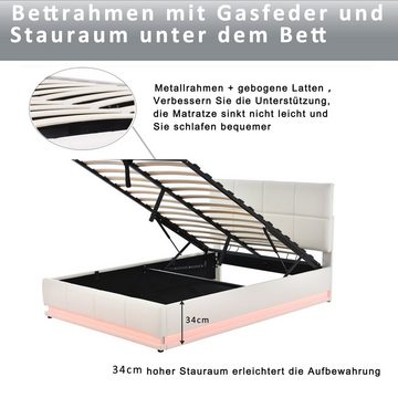 Flieks Polsterbett, LED hydraulisches Doppelbett Kunstleder 140x200cm