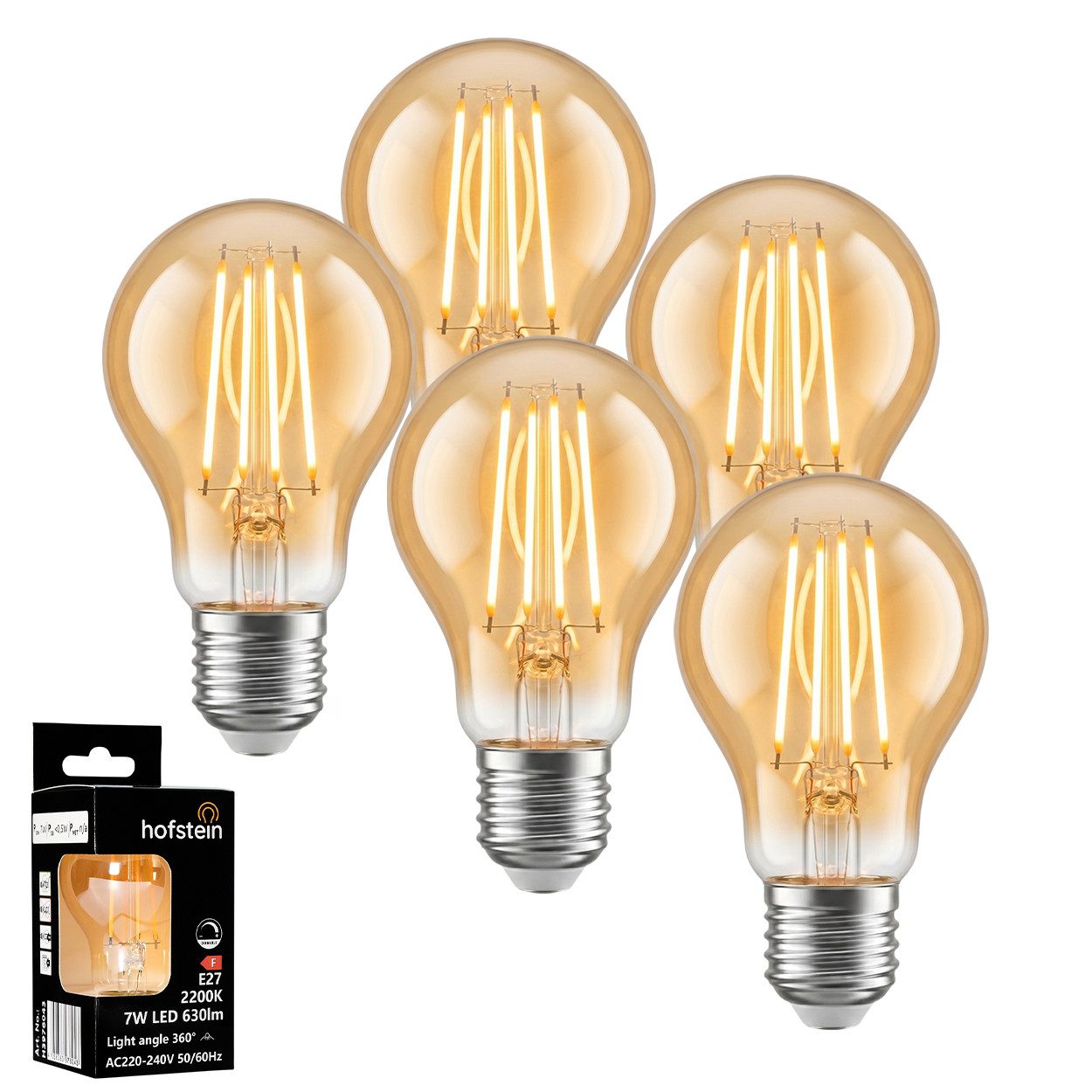 hofstein LED-Leuchtmittel 5er Set Glühbirne Extra Warmweiß dimmbar 7 Watt, E27, 2200 Kelvin, 630 Lumen, Klassisch, Filament, Amber