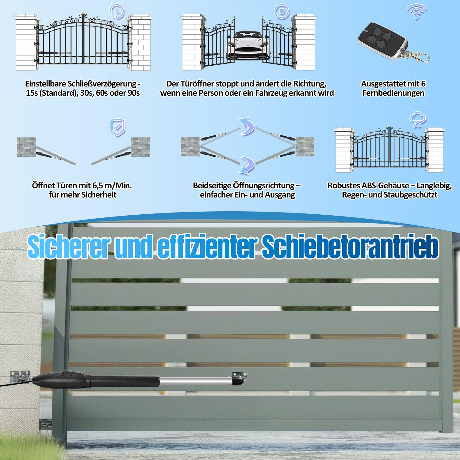 Clanmacy Schiebetorantrieb 2X50W Drehtorantrieb Toröffner Set 600kg Zahnstange Schiebetorantrieb, (mit 2 orangen Schlüssel und 6 Fernbedienung), Betriebene Türe – Bild 4 von 5