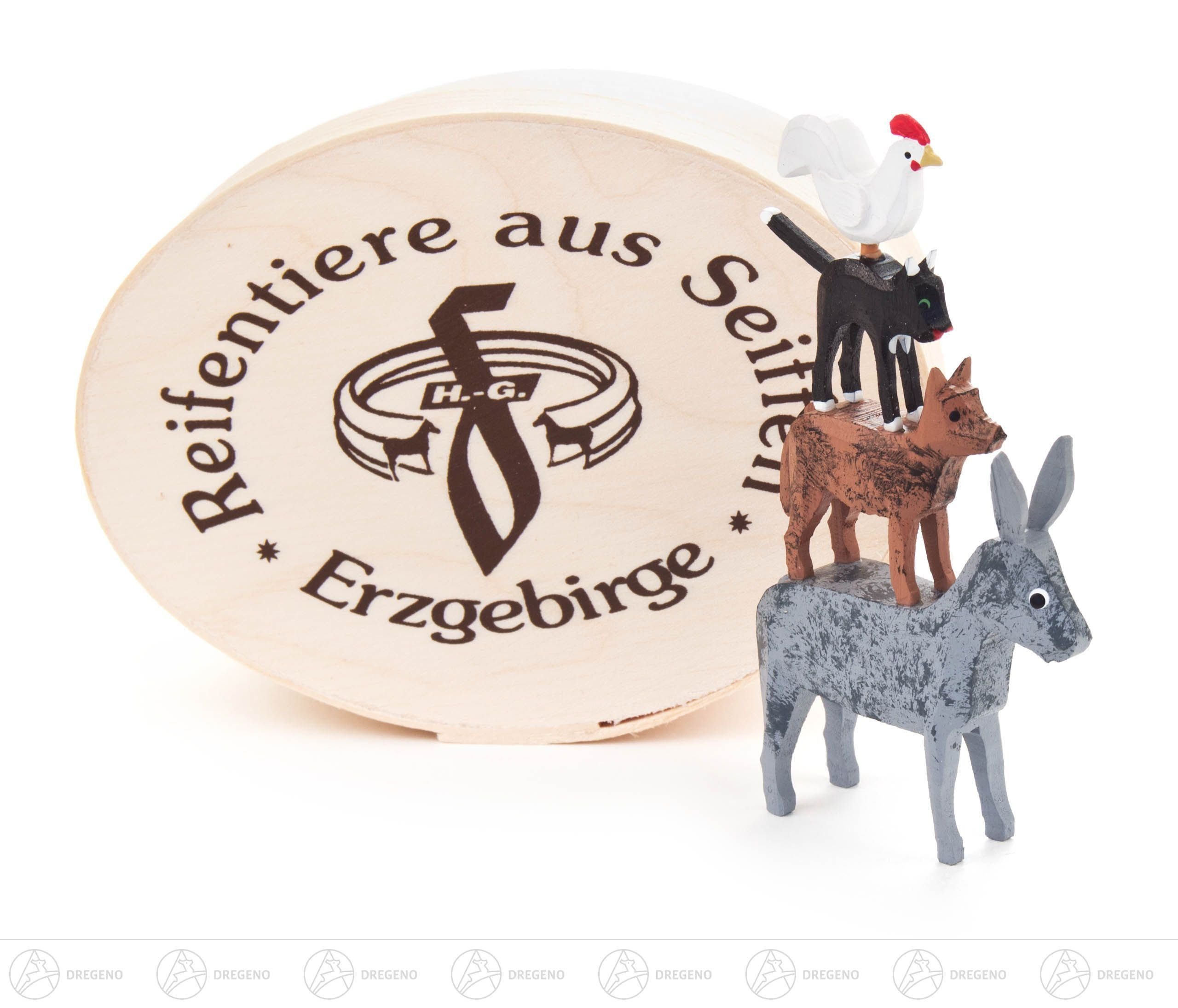 Dregeno Erzgebirge Räuchermännchen Reifentier Bremer Stadtmusikanten groß in Spandose Höhe ca 8 cm NEU