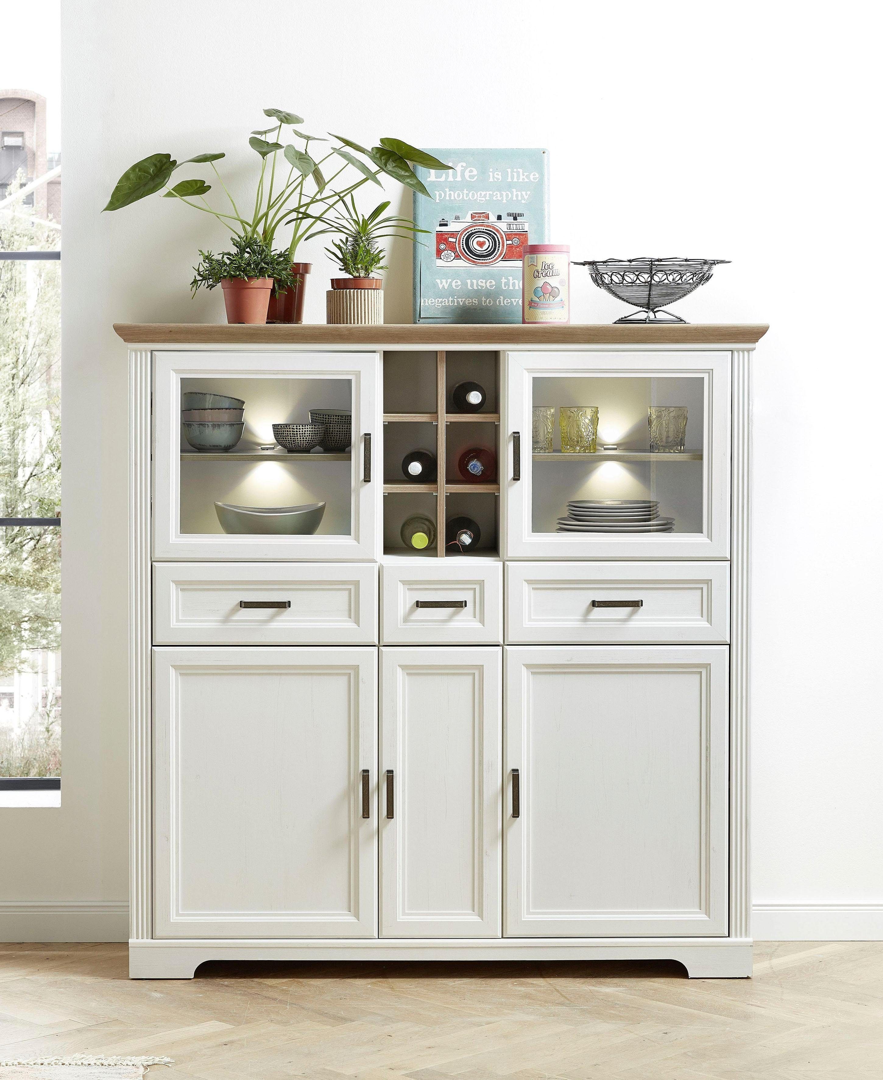 Innostyle Highboard Jasmin, 2 Glas-/Holztüren, 8 offene Fächer, inkl. LED-Beleuchtung