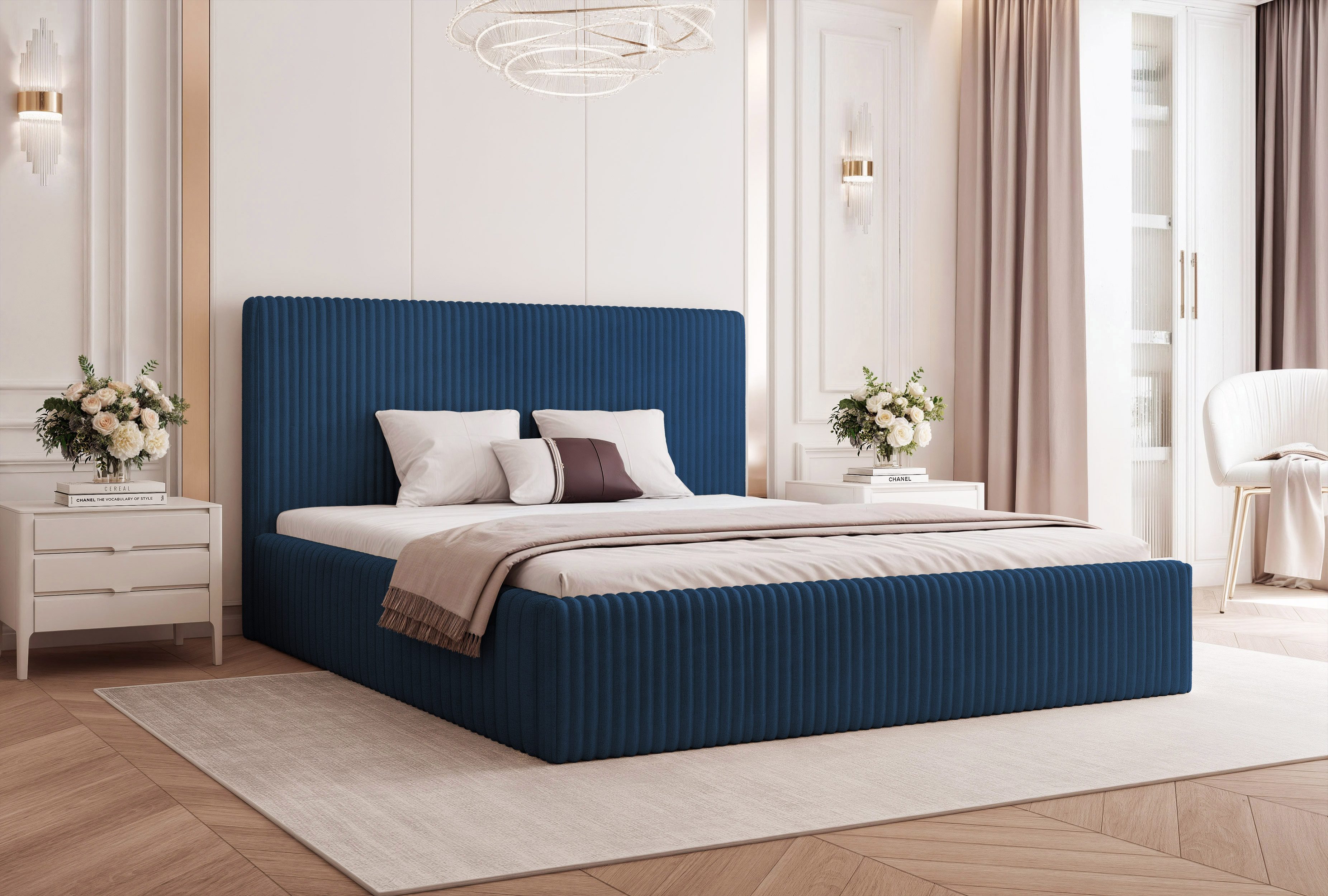 Goldstoff Polsterbett Modernes Bett "LUMINA" mit großem Stauraum und gepolstertem Rahmen (120–200x200 cm, Kopfteilhöhe 70/110 cm), Elegantes Stauraumbett mit gepolstertem Kopfteil und Holzrahmen