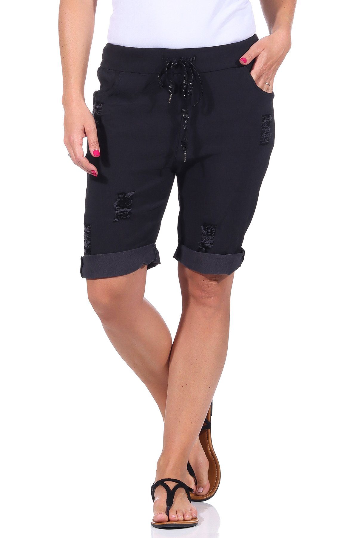 kurze leichten Look Stretch Schwarz Damen basic, Distressed elastisch, Damenmode Aurela im Strandshorts Hose Sommerliche Bermuda casual, für