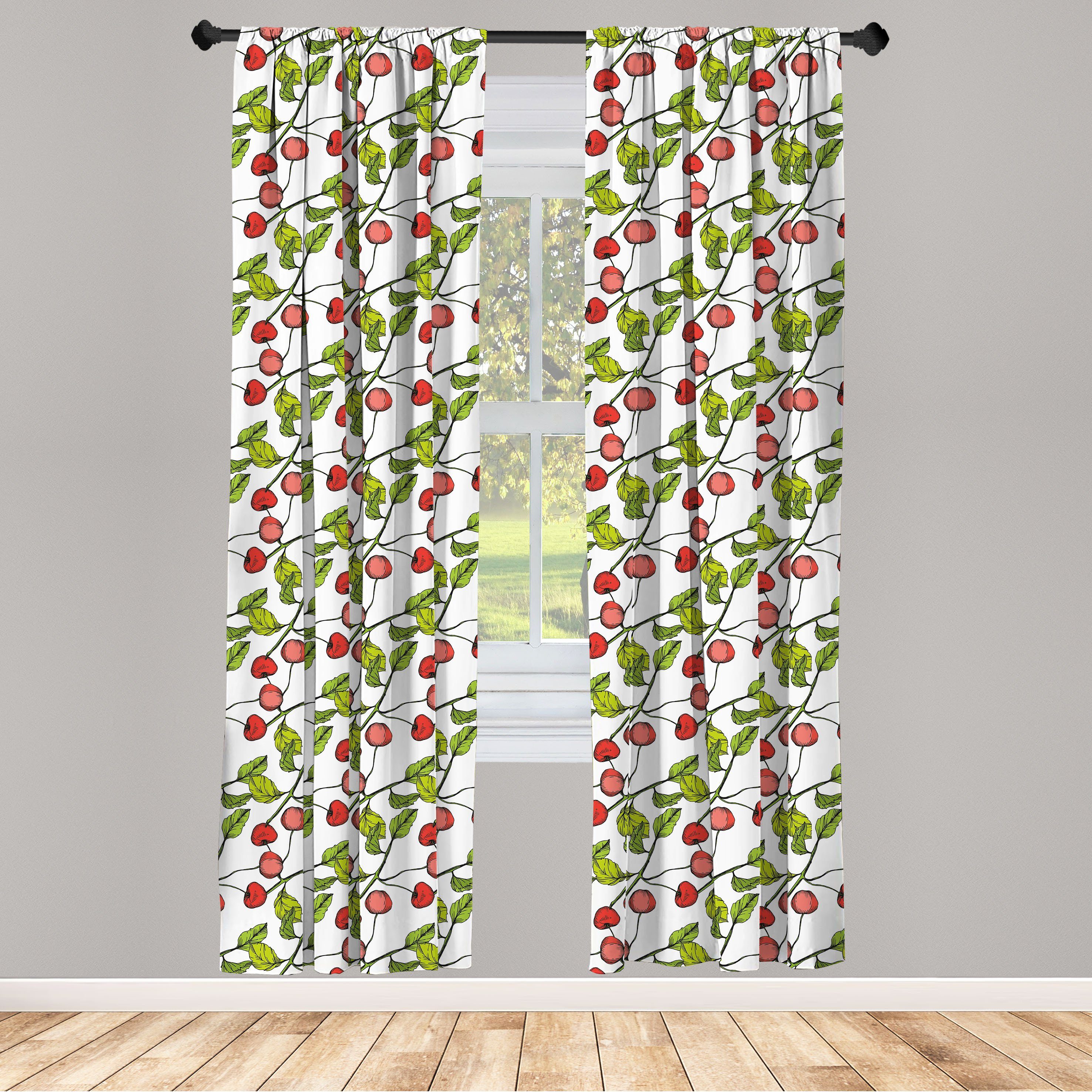 Gardine Vorhang für Wohnzimmer Schlafzimmer Obst Abakuhaus, Belaubt Microfaser, Ast Dekor, Cartoon Kirsche