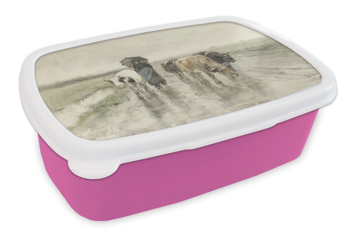 MuchoWow Lunchbox Eine Bäuerin mit Kühen auf einer Landstraße im Regen - Gemälde von, Kunststoff, (2-tlg), Brotbox für Erwachsene, Brotdose Kinder, Snackbox, Mädchen, Kunststoff rosa
