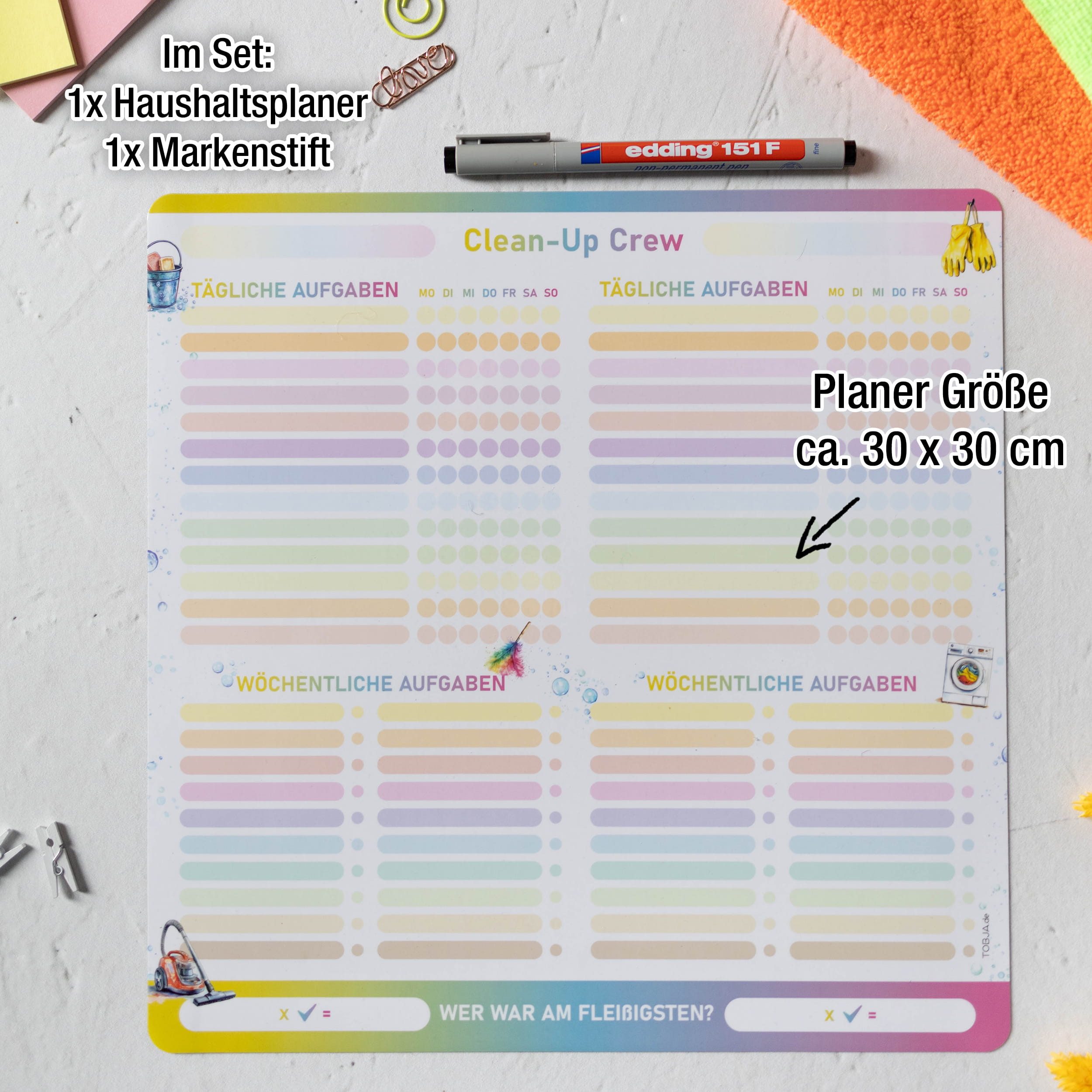 TOBJA Magnettafel Haushaltsplaner magnetisch 30x30 inkl. Stift, abwischbar, bunt, Putzplan für 2 Personen – Bild 2 von 5