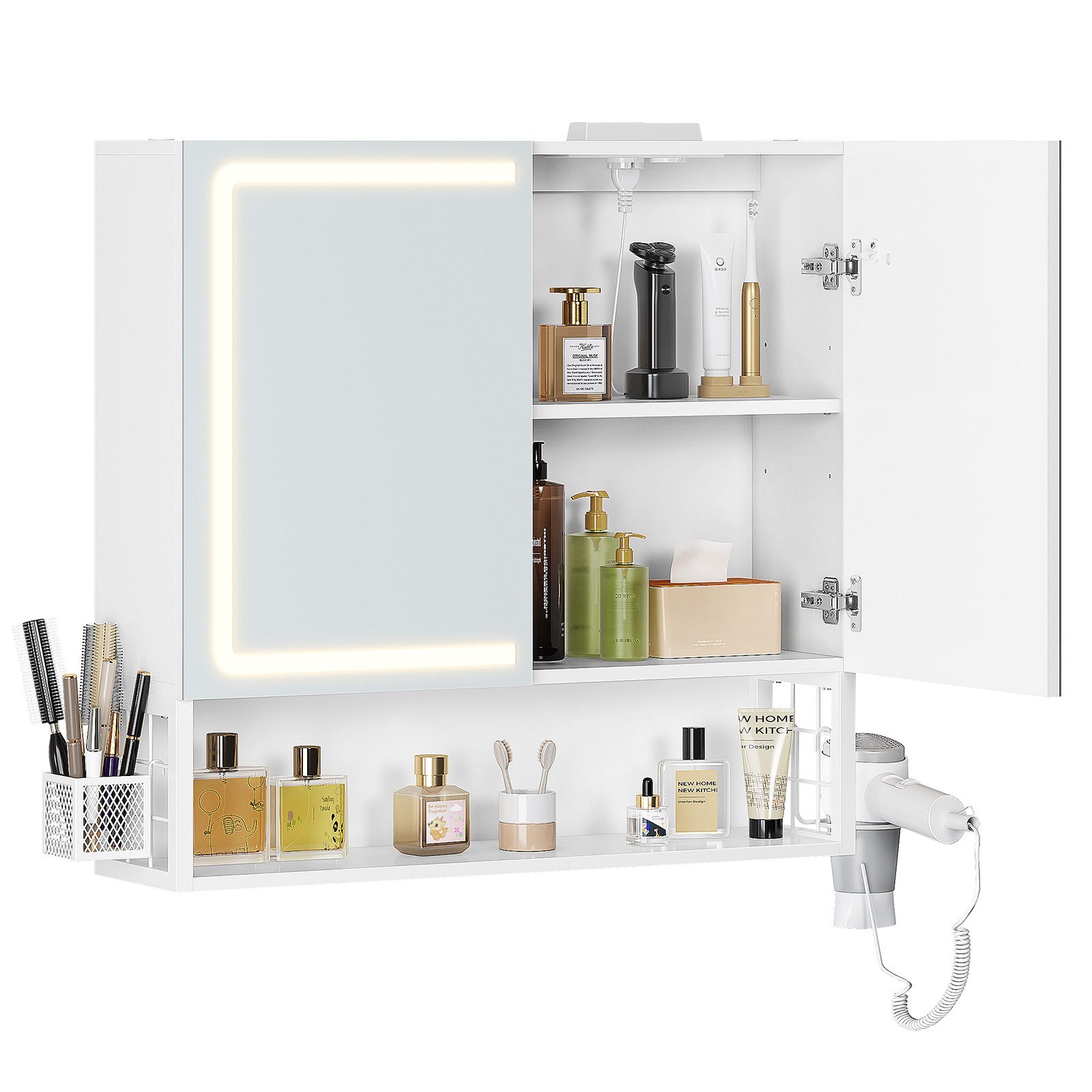 MSMASK Badezimmerspiegelschrank mit LED-Beleuchtung & Steckdose, Spiegelschrank (1-St) 2 Türen, 1 offener Einlegeboden, 70×16×70 cm, Weiß