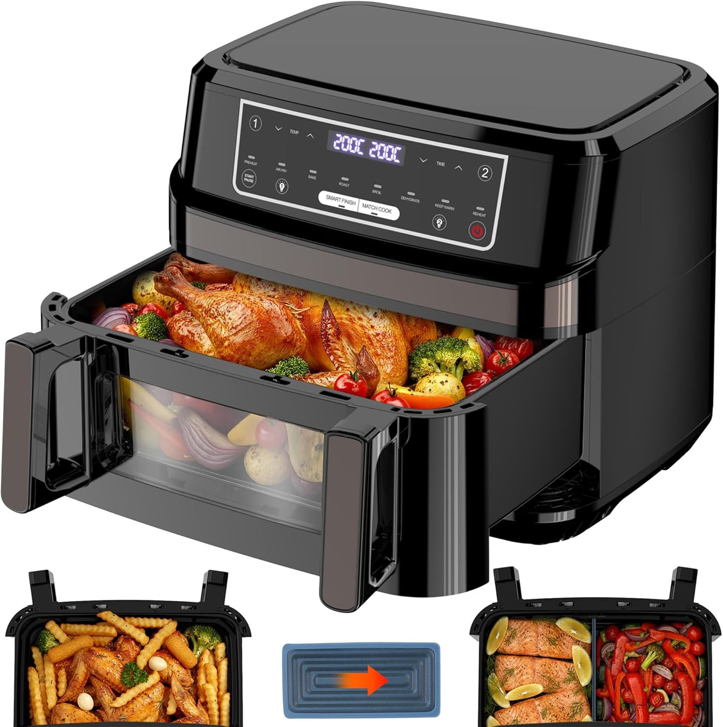 GIDGIMO Heißluftfritteuse 12L XXL 2-in-1 Dual-Zone-Technologie, Doppel-Heizelement Air Fryer, 2600 W, Smart Finish & Match Cook, 8 Programme, Inkl.Trennwand & Rezeptbuch