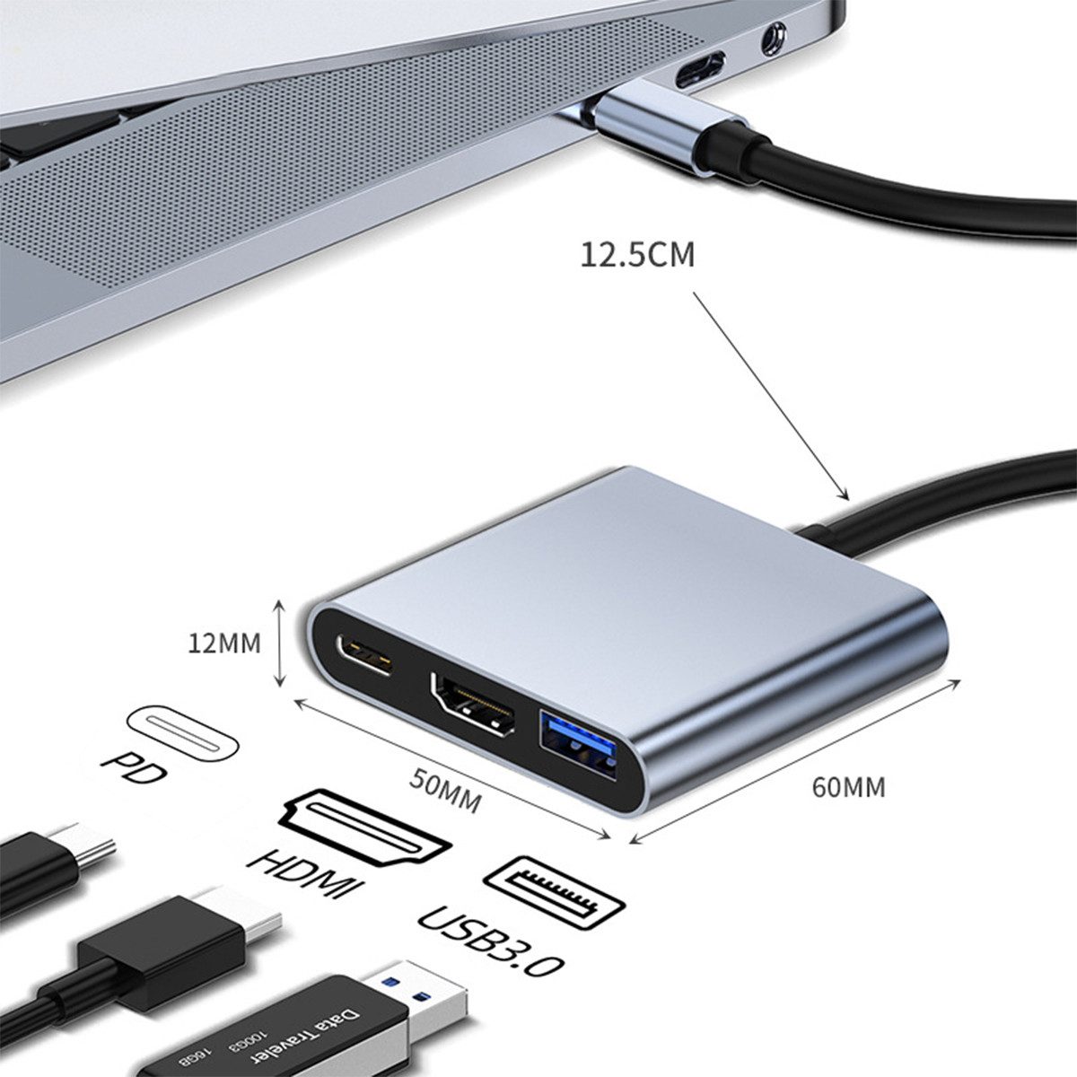 KINSI Laptop-Dockingstation 3in1 USB-C Dockingstation, HDMI 4K, USB Hub 3.0, PD Anschluss, (1 St), kompatibel mit USB-Flash-Laufwerk, Wechsellaufwerk, Maus, Tastatur