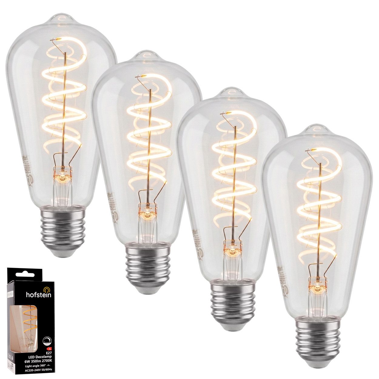 hofstein LED-Leuchtmittel 4er Set Glühbirne Warmweiß dimmbar 6 Watt, E27, 2700 Kelvin, 350 Lumen, Edison Vintage, Filament Spirale, Klar