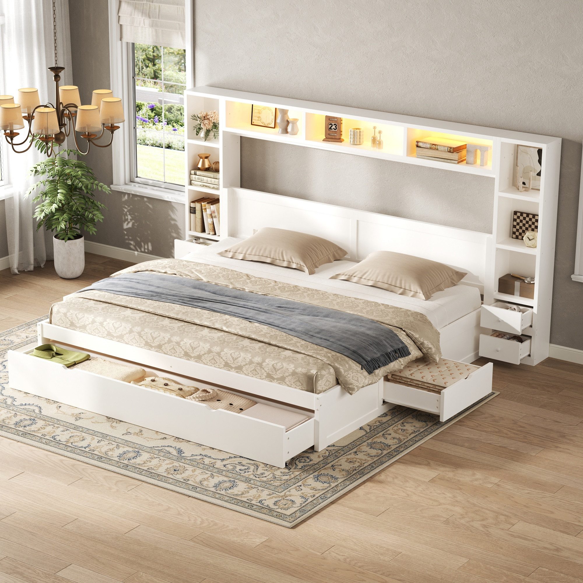 Flieks Holzbett, Doppelbett 180x200cm mit Schubladen, Staufächern und LED-Lichtleiste