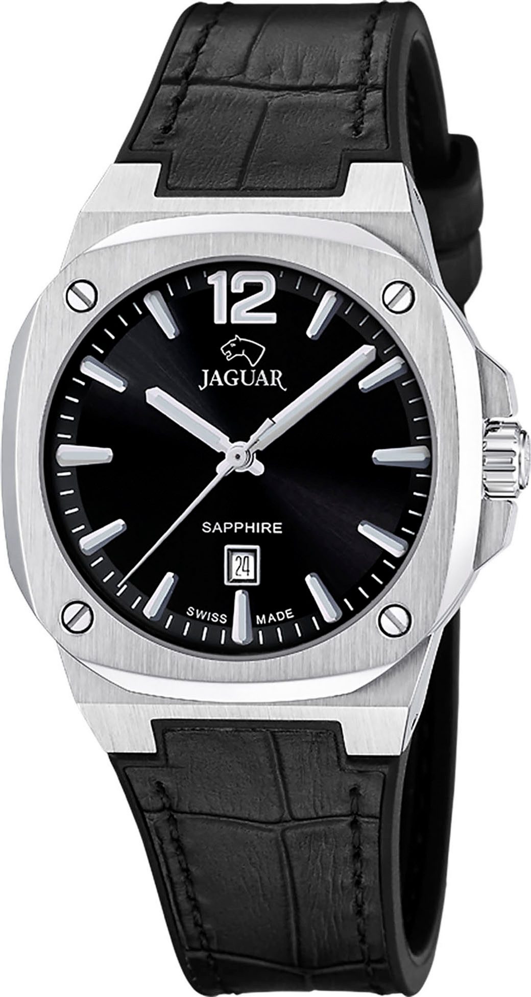 Jaguar Quarzuhr Rondcarre J1032/5, Armbanduhr, Damenuhr, Swiss Made, Lederarmband, analog, Tag,Saphirglas