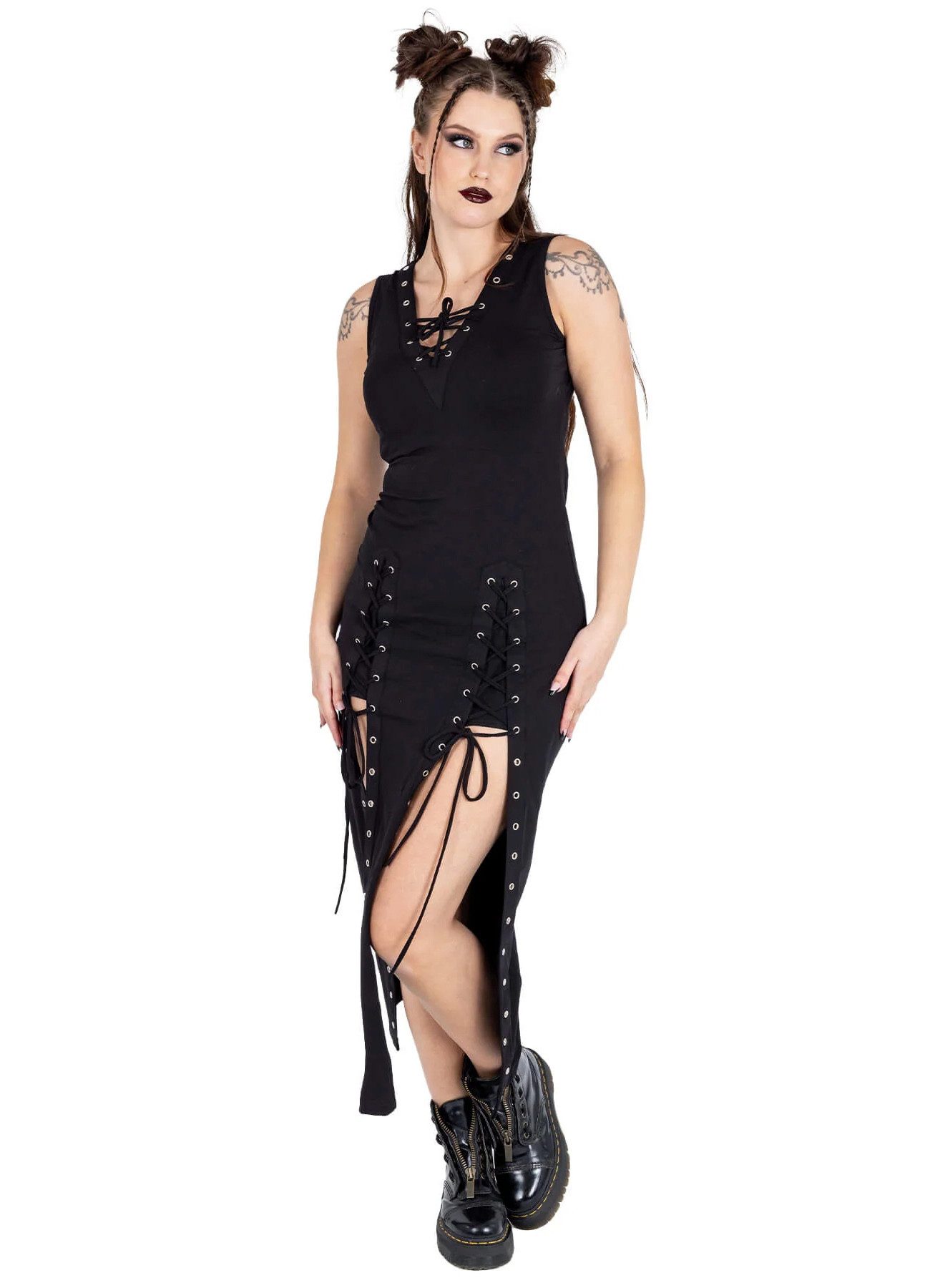 Vixxsin Maxikleid Kienna Gothic Goth Nieten Schnürung Geschlitzt günstig online kaufen