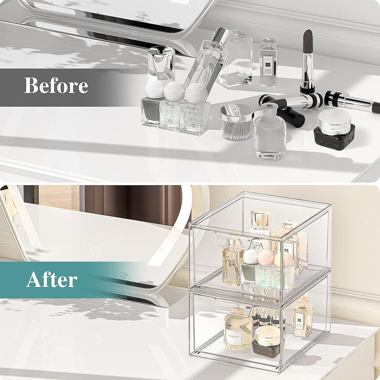 Refined Living Organizer 2er/4er/6er Set Stapelbare Acryl Make-up Organizer mit Ausziehgriffen (Acryl Aufbewahrungsschubladen, Kosmetik Organizer, Stapelbare Schubladenbox, Staubdichte Schubladen, Multifunktionale Aufbewahrung, Speisekammer,Transparentes Design, 2 St., BPA-freiem, Platzsparend, robustem, wasserdicht und staubdicht), für Schminktisch, Speisekammer, Schreibtisch, Unterschrank, Küche, Bad