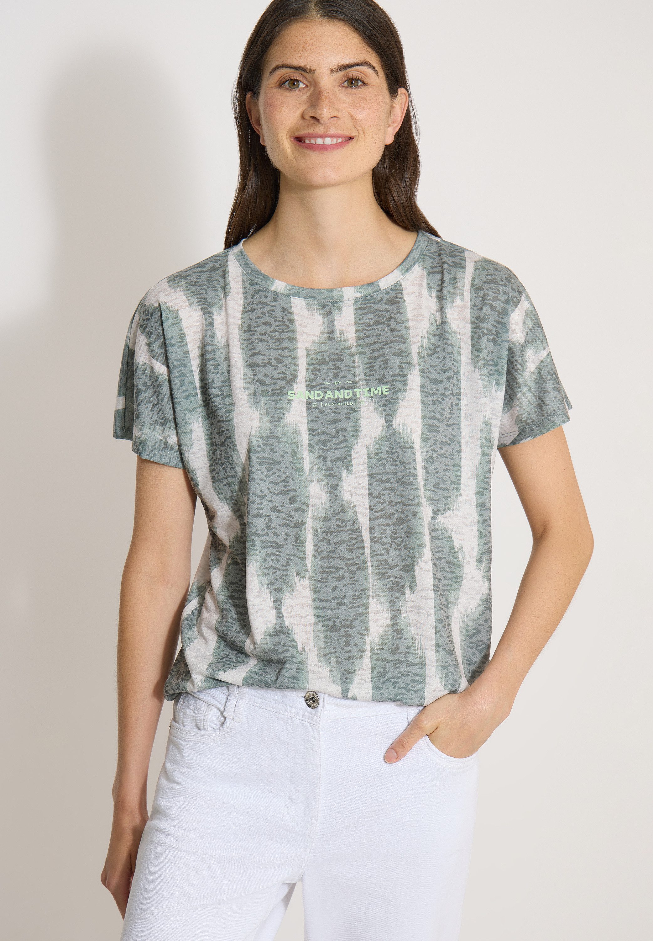 CECIL Kurzarmshirt Sommershirt im Ausbrenner-Look mit Wording