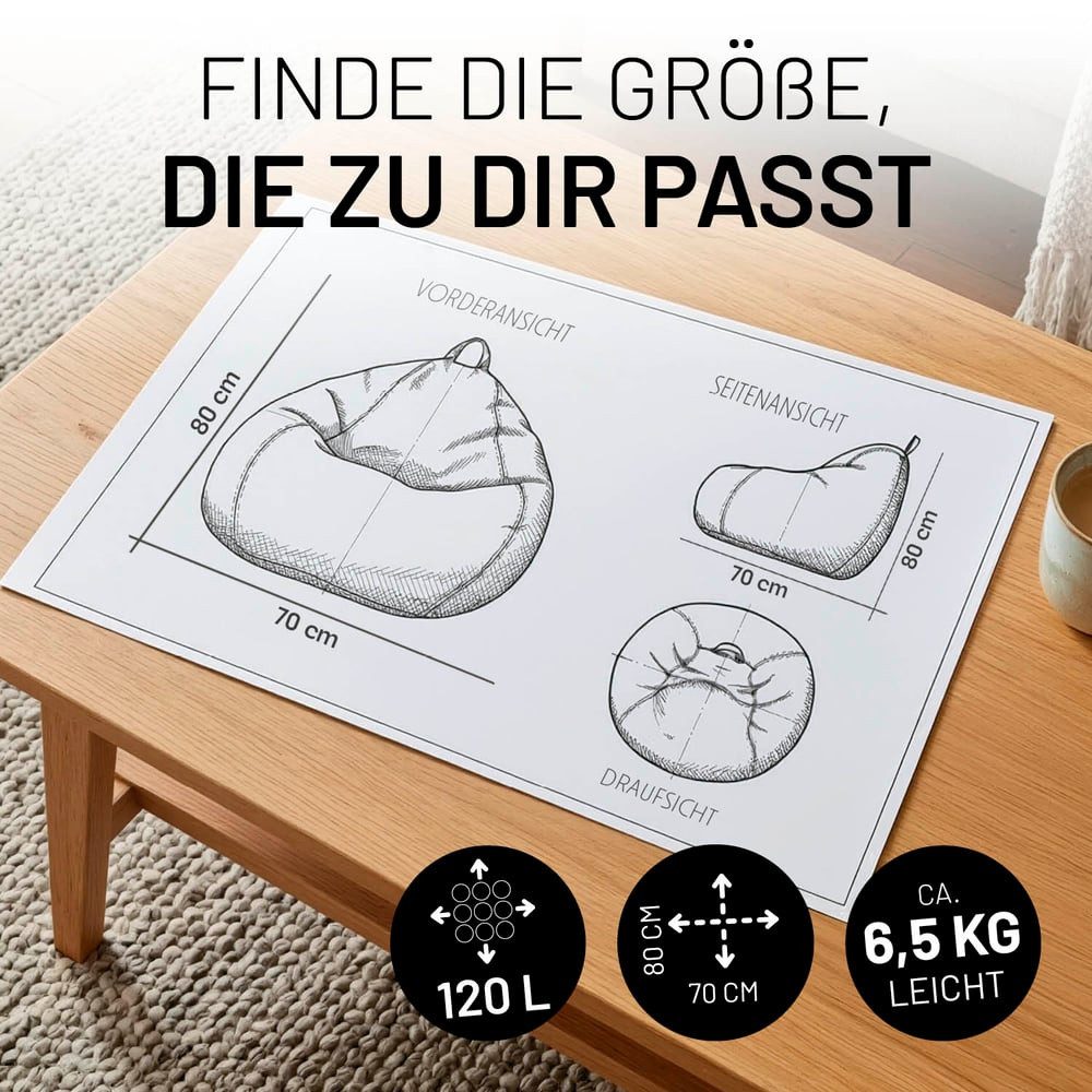 Lumaland Sitzsack Comfort Line Sitzsack Fein Cord M, 120 L - bequemer Indoor Sofa Sessel, ideal zum Pouf - EPS Perlen Bean Bag mit Füllung - Indoor Sitzsessel – Bild 4 von 5