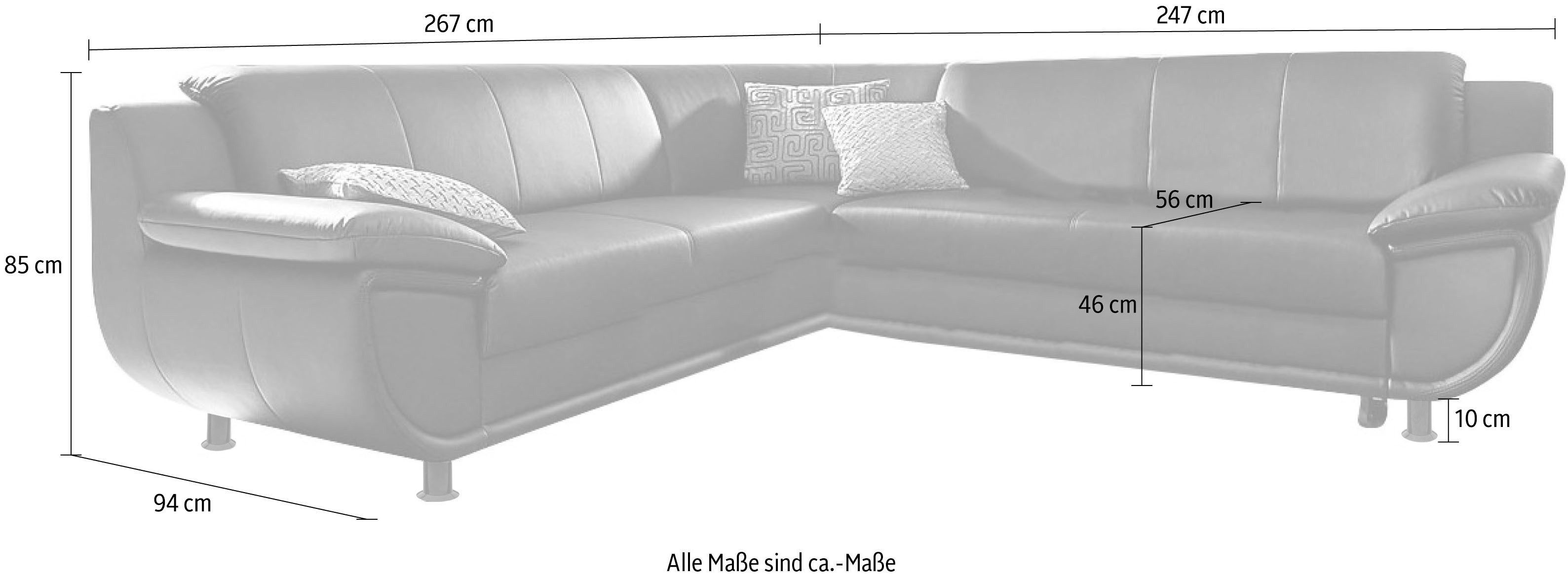 TRENDMANUFAKTUR Ecksofa Rondo wahlweise mit Schlaffunktion, 267x247 cm (BxT), breite Armlehnen, L-Form, wahlweise mit Federkern bestellbar, Füße schwarz