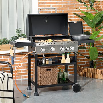 Outsunny Gasgrill 2,5 kW Grillwagen mit 4+1 Brenner, Thermometer, BBQ Grill, Campinggrill, für Garten, Balkon, Schwarz