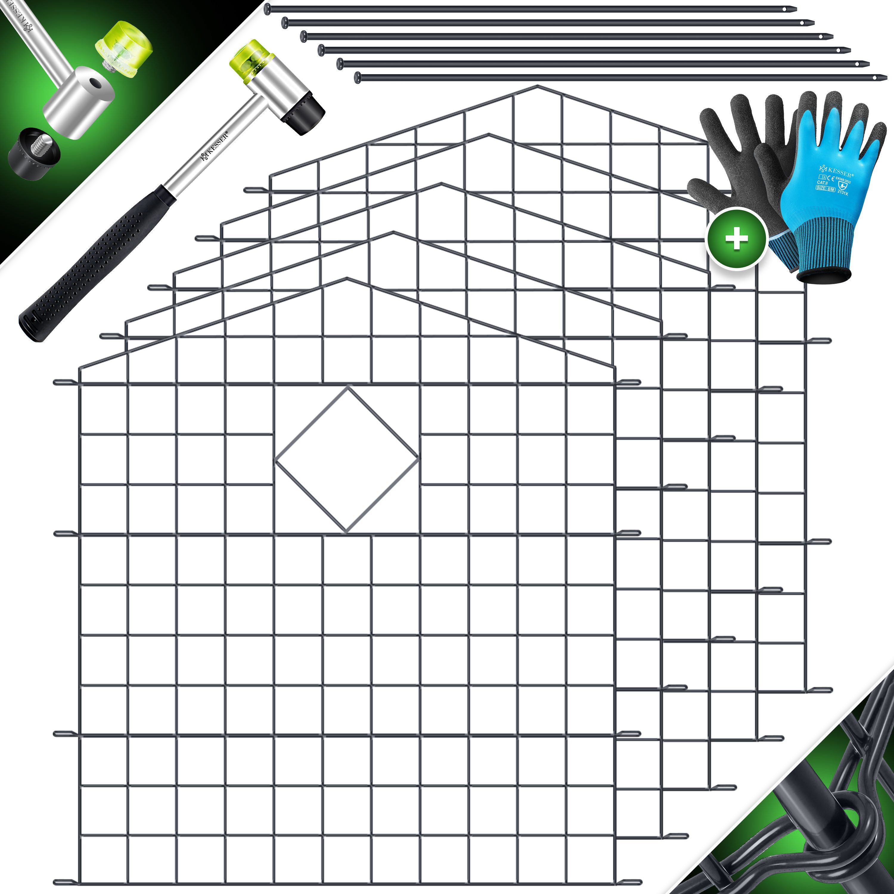 KESSER Zaun Teichzaun Gartenzaun Steckzaun Komplettset Metall Zaun für Garten, (Inkl. Handschuhe, Hammer + Befestigungsstäben), Zaun zum stecken für Garten, Gitterzaun Set Freigehege für Tiere