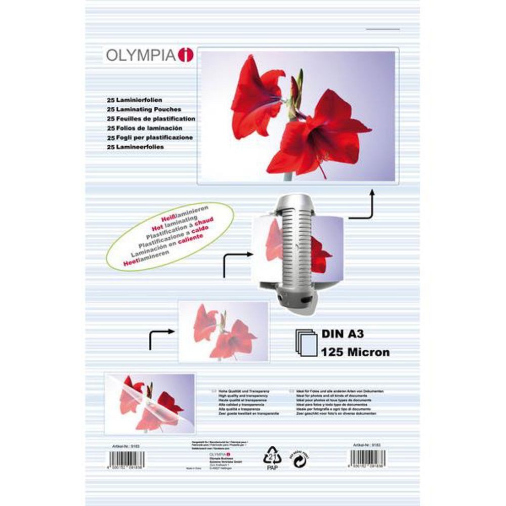 Olympia Laminierfolie Laminierhüllen 9183, DIN A3 125, 25 Stück, hochtransparent, reißfest, Knickschutz