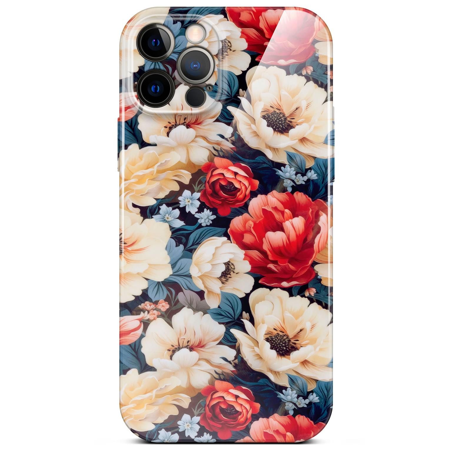 ONEFLOW Handyhülle für iPhone 12 Pro Hülle dünn Flower Cover Weiß Rot 6,1 Zoll, Blumen Muster Handy Schutzhülle in Floral Design Case mit Kameraschutz