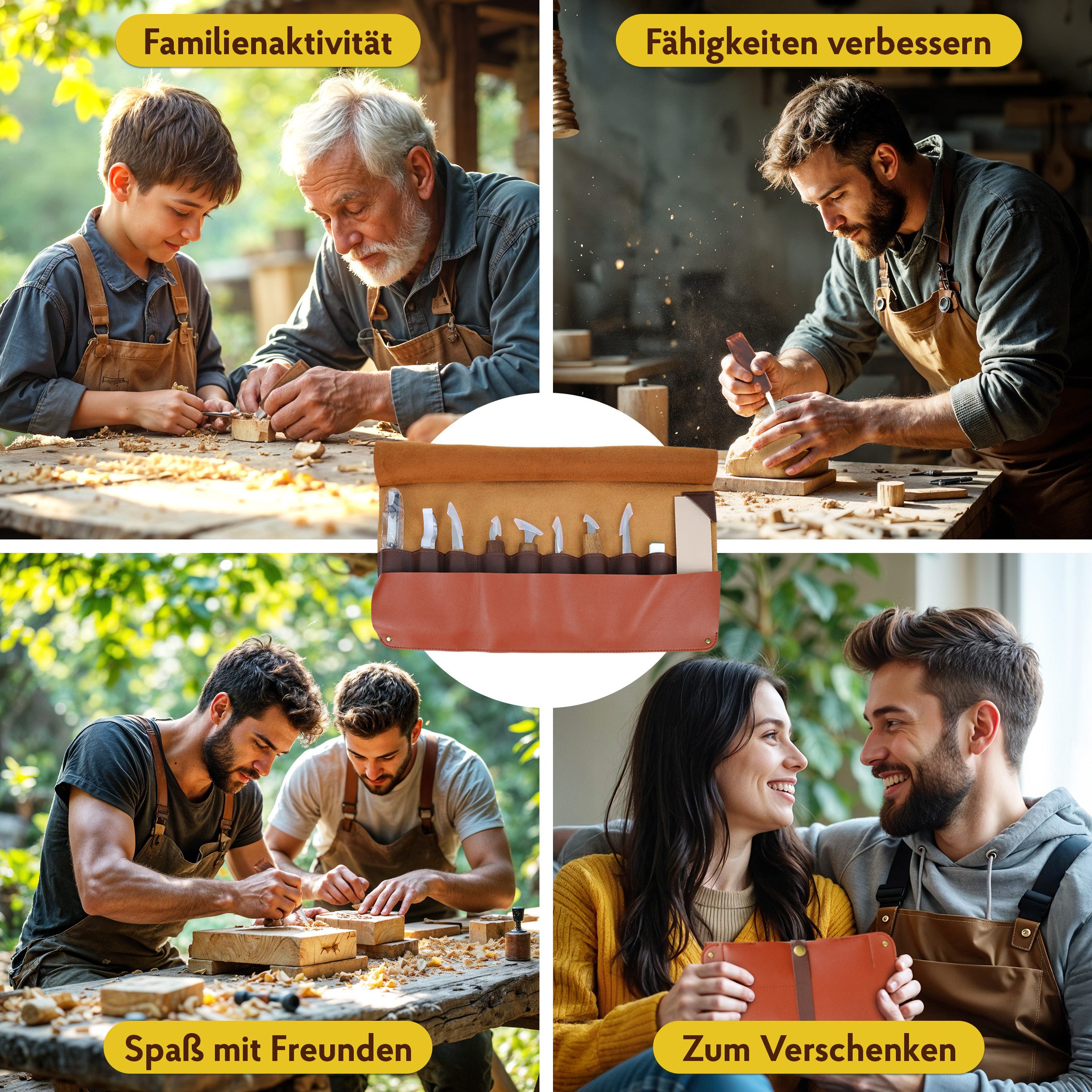 Eli Beitelsatz Schnitzwerkzeug Set - Holzwerkzeug - Schnitzset - Holzbearbeitung, (Profi - Set, 11-tlg., Perfekt für Handwerker - Holzliebhaber), rostfreier Stahl - hochwertige Walnussholzgriffe - Beidhändig