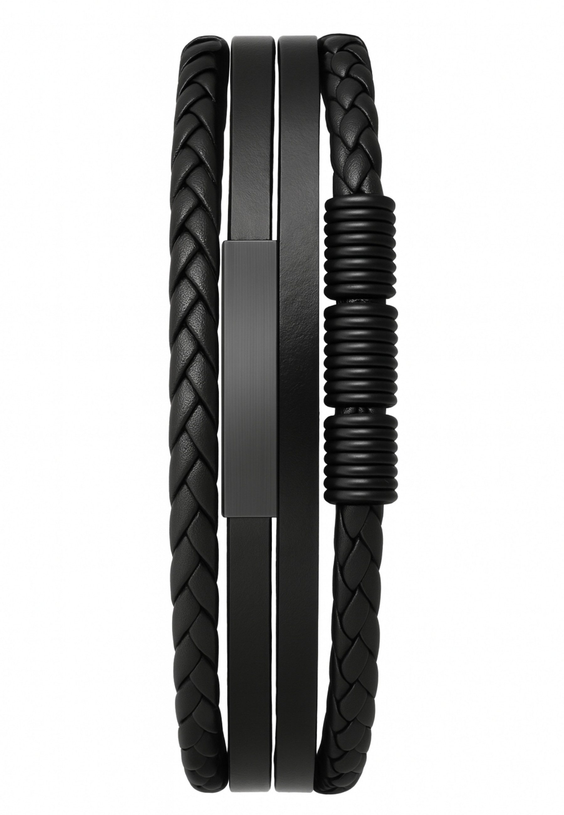 S&T Design Lederarmband Herren Armband Schwarz Schmuck Edelstahl (Geschenkebox (Etui), Geflochten), Magnetverschluss & Verlängerung Geschenk für Männer Söhne Kinder