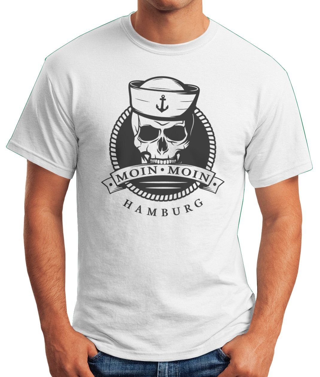 Totenkopf Print-Shirt Emblem Spruch Moonworks® mit MoonWorks Moin Fun-Shirt Anker T-Shirt Motiv Print Skull Matrose Moin weiß Hamburg Schriftzug Herren