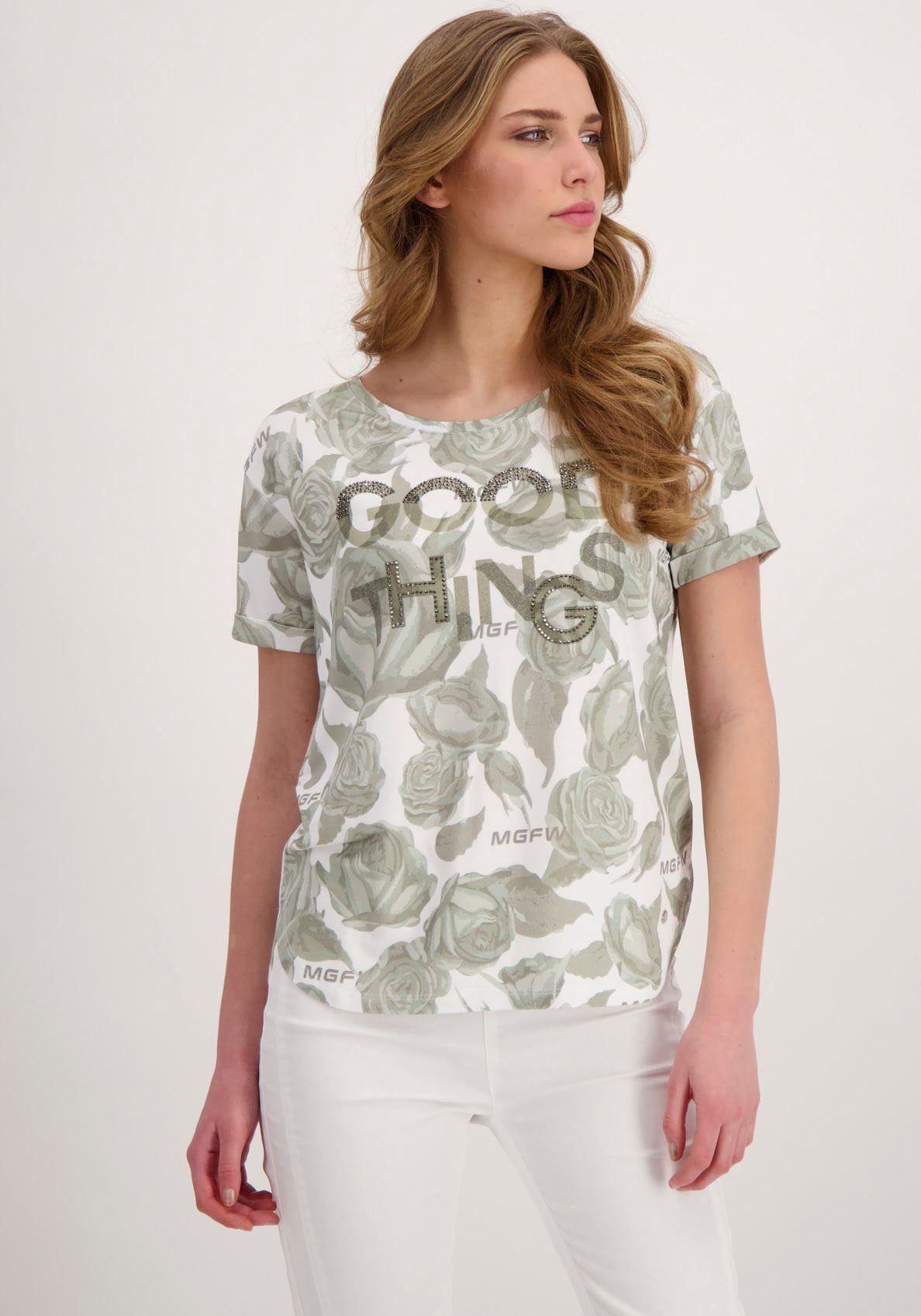Glitzerschrift Monari und Blumenmuster, Monari Rundhalsshirt Shirt von mit Blumendruck Glitzersteinchen Feminines und mit