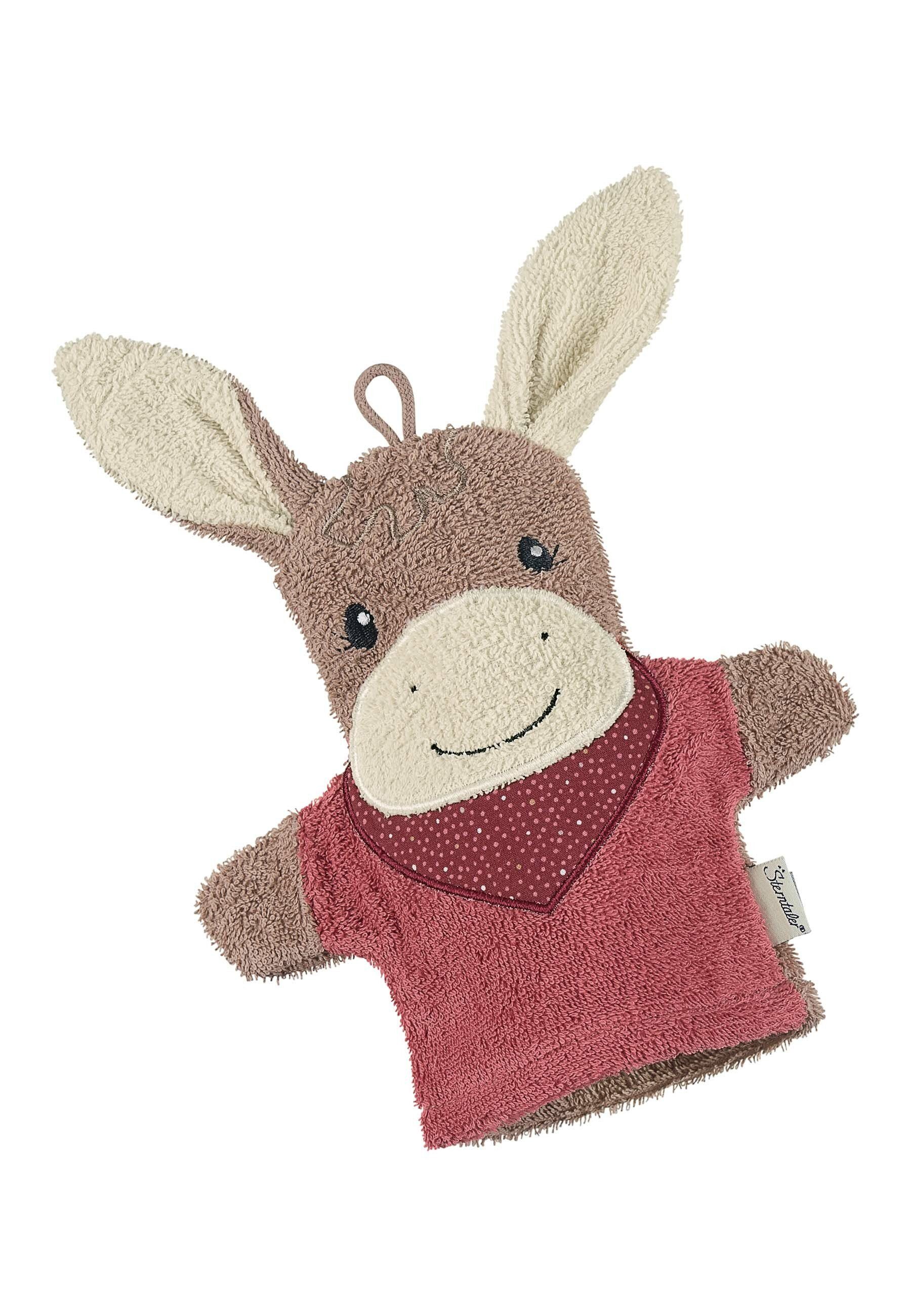 Sterntaler® Waschhandschuh Waschhandschuh ESEL Emmily, Frottee (1-St), 2in1 Waschhandschuh & Handpuppe Emmily aus Frottee – Waschspaß pur!