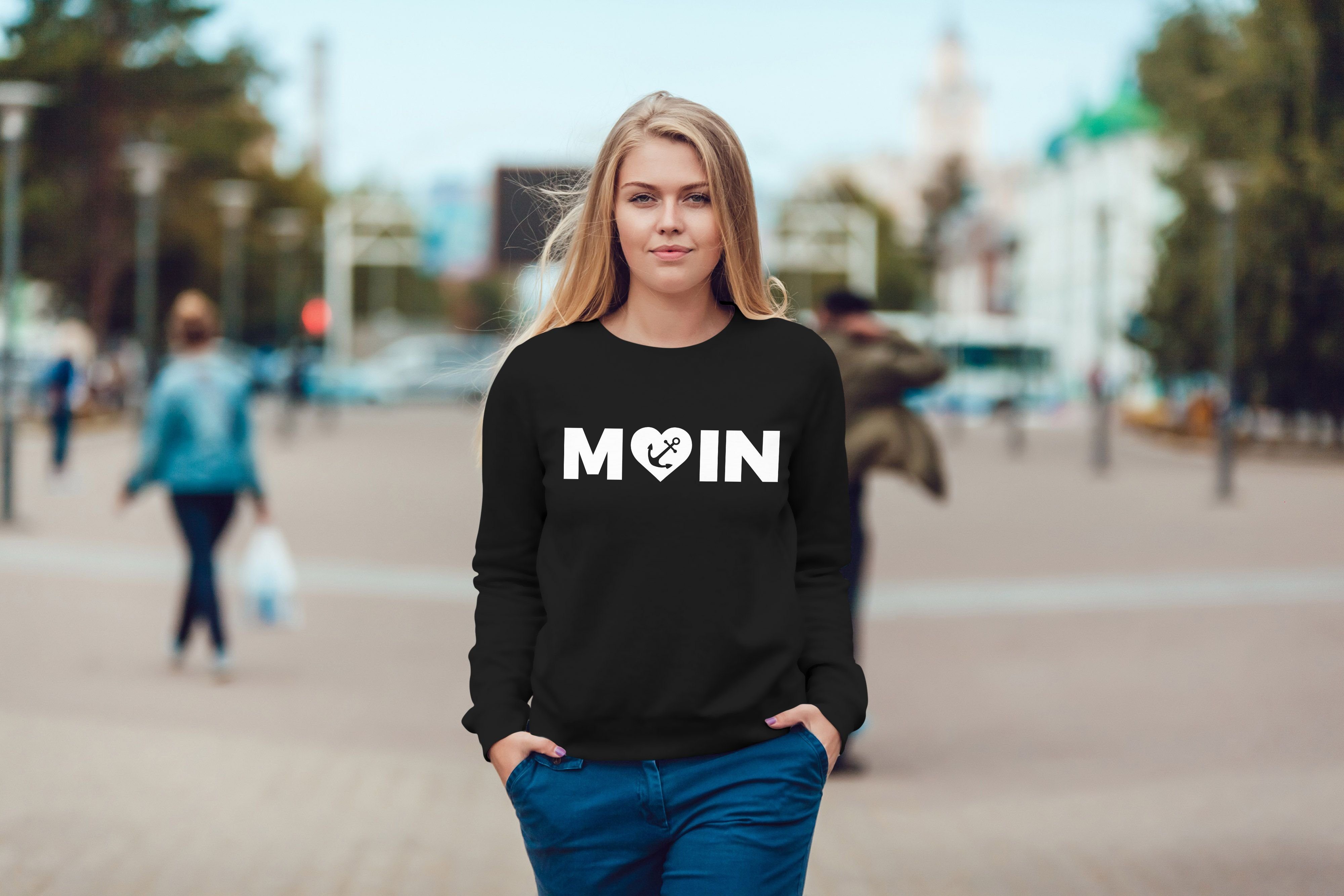 MoonWorks Sweatshirt Pulli schwarz Damen mit Sweatshirt Rundhals-Pullover Moonworks® Sweater Anker Moin Herz Aufdruck