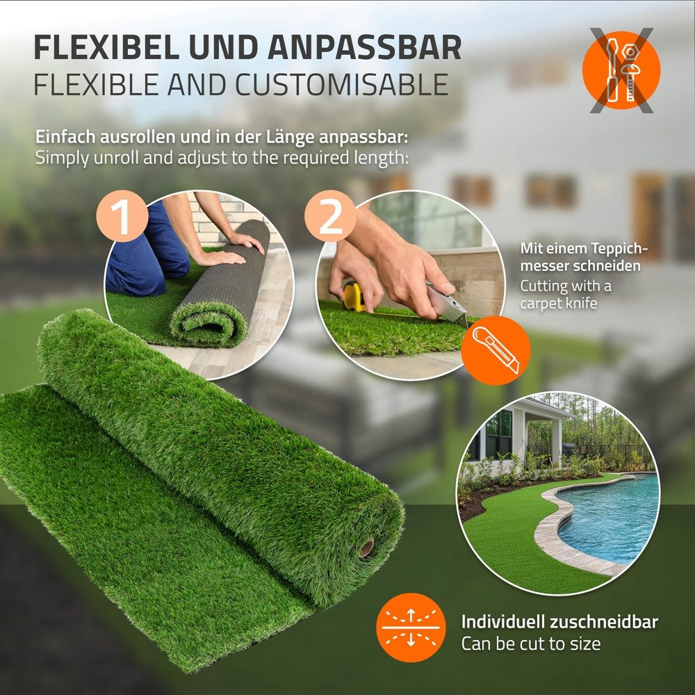 ECD Germany Kunstrasen Rasenteppich Kunstrasen-Rolle Grasmatte Meterware Kunstgras Wetterfest, Höhe: 20 mm, 100x100 cm 1m² 18mm Outdoor UV-beständig für Balkon  – Bild 5 von 5