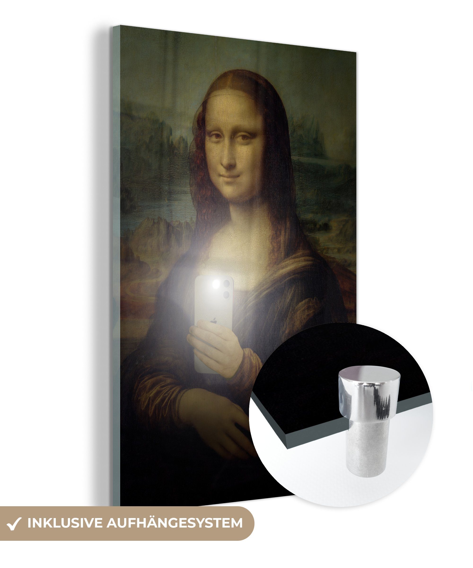 MuchoWow Acrylglasbild Mona Lisa - Telefon - Da Vinci, (1 St), Glasbilder - Bilder auf Glas Wandbild - Foto auf Glas - Wanddekoration